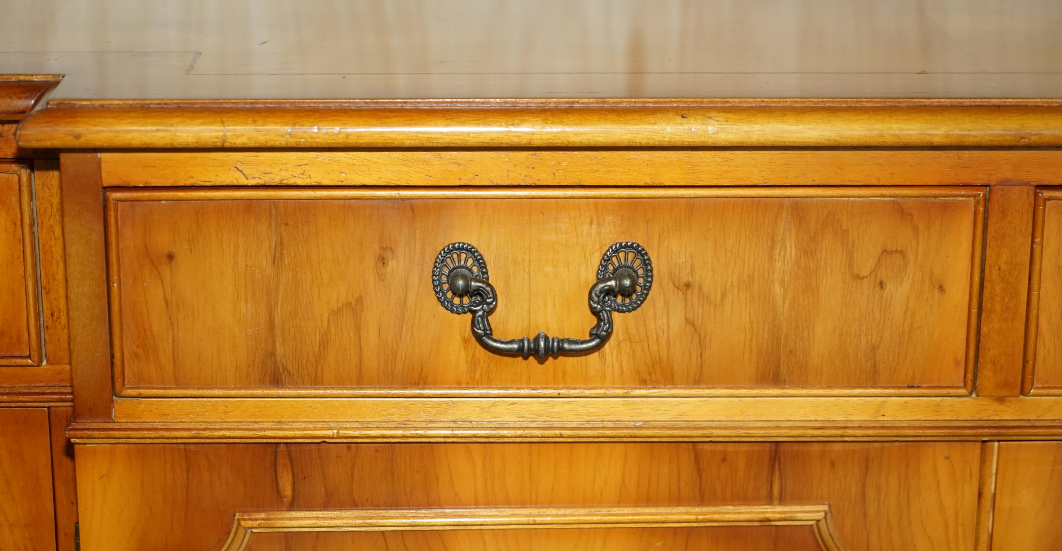 Hand-Crafted Vintage Burr Yew Wood Breakfront Sideboard with Four Drawers & Original Key For Sale