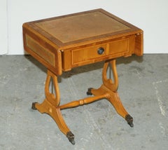 ViNTAGE BURR YEW WOOD BROWN LEATHER GOLD LEAF EMBOSsed EXTENDING SIDE END TABLE