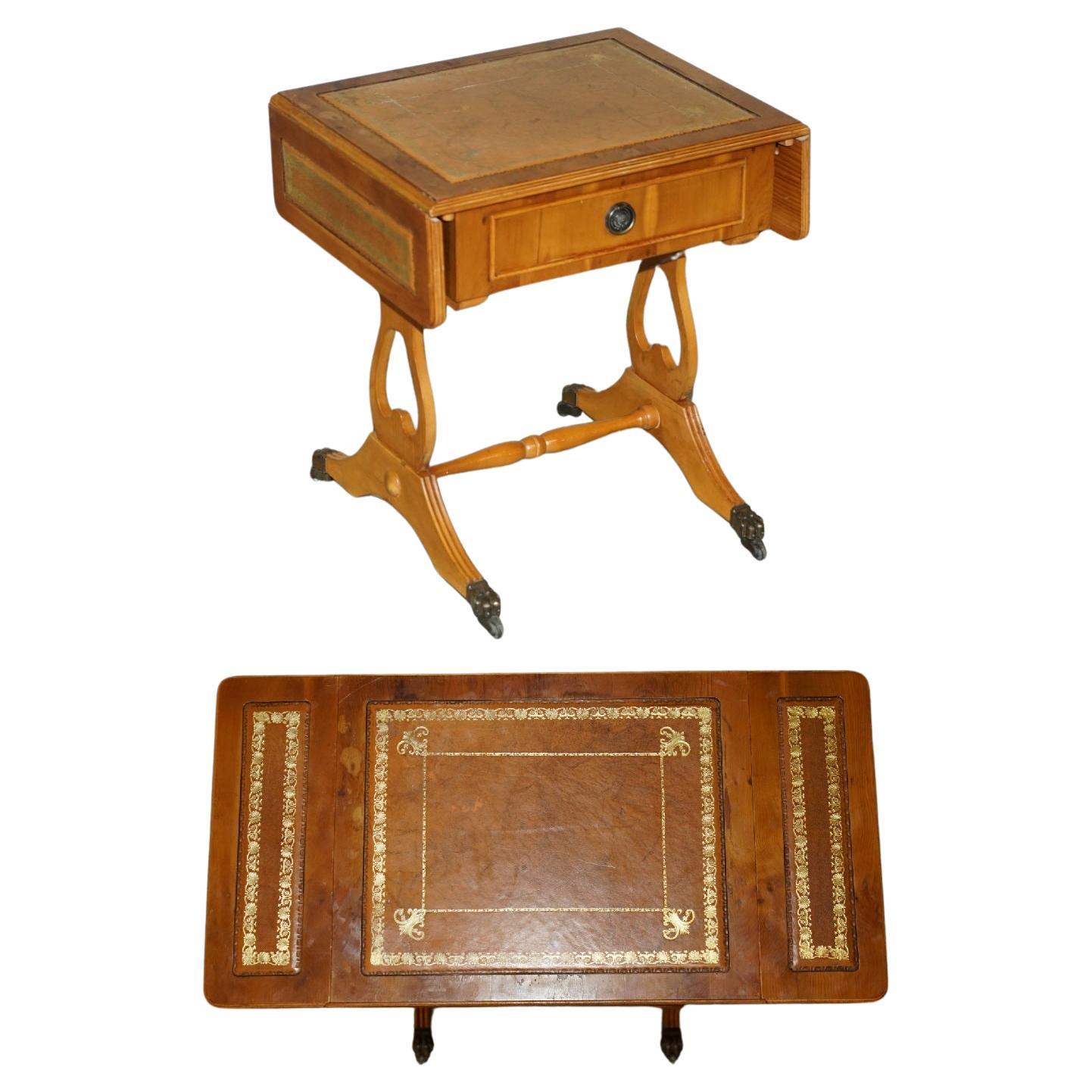 Table d'appoint ViNTAGE BURR YEW WOOD BROWN LEATHER GOLD LEAF ÉMBOSÉ EXTENsible en vente