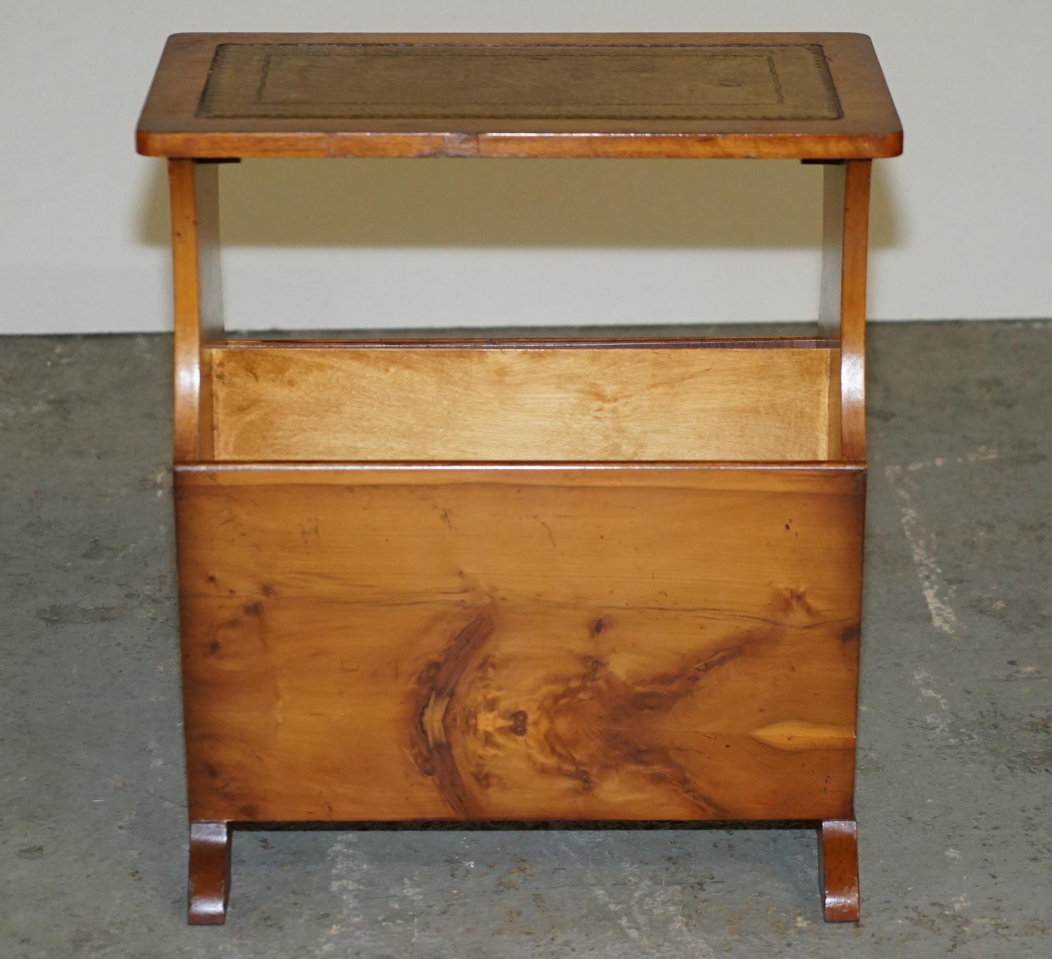 VINTAGE BURR YEW WOOD BROWN LEATHER MAGAZINE RACK SiDE END LAMP WINE TABLE For Sale 2