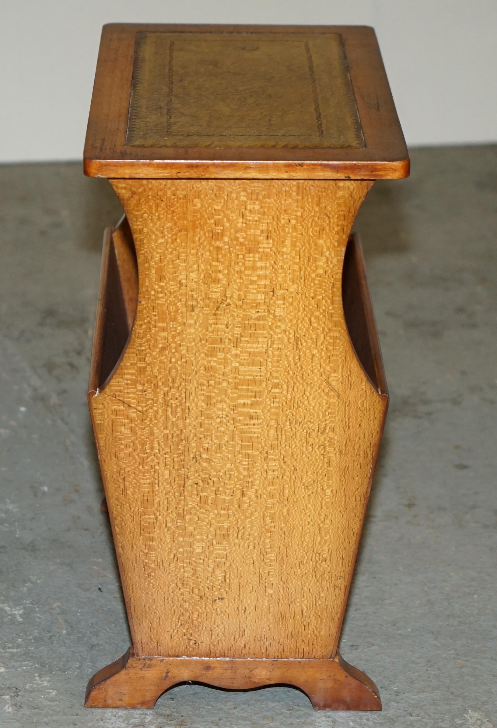 VINTAGE BURR YEW WOOD BROWN LEATHER MAGAZINE RACK SiDE END LAMP WINE TABLE For Sale 4