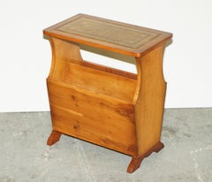 VINTAGE BURR YEW WOOD BROWN LEATHER MAGAZINE RACK SiDE END LAMP WINE TABLE