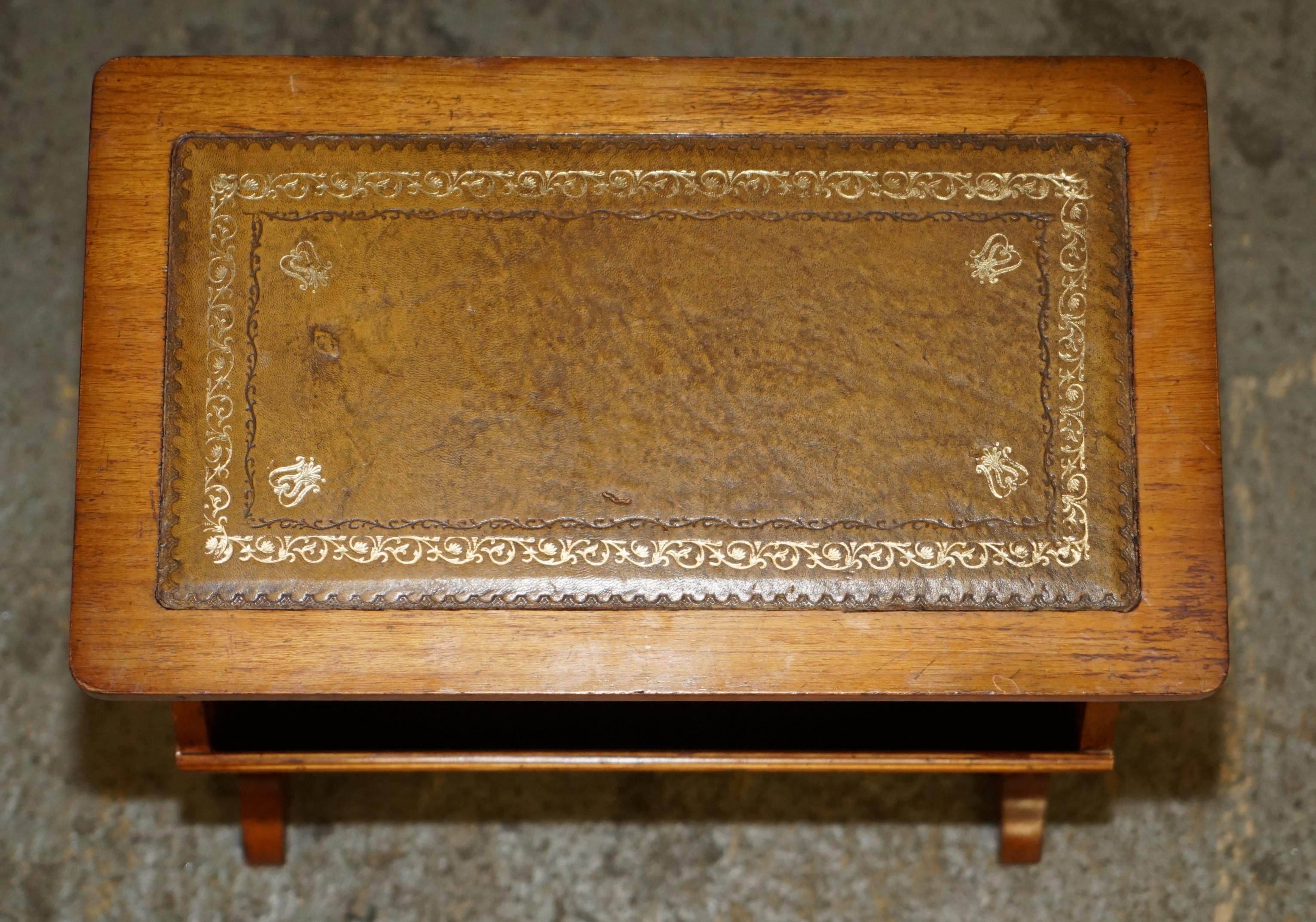 Art Deco VINTAGE BURR YEW WOOD BROWN LEATHER MAGAZINE RACK SiDE END LAMP WINE TABLE For Sale