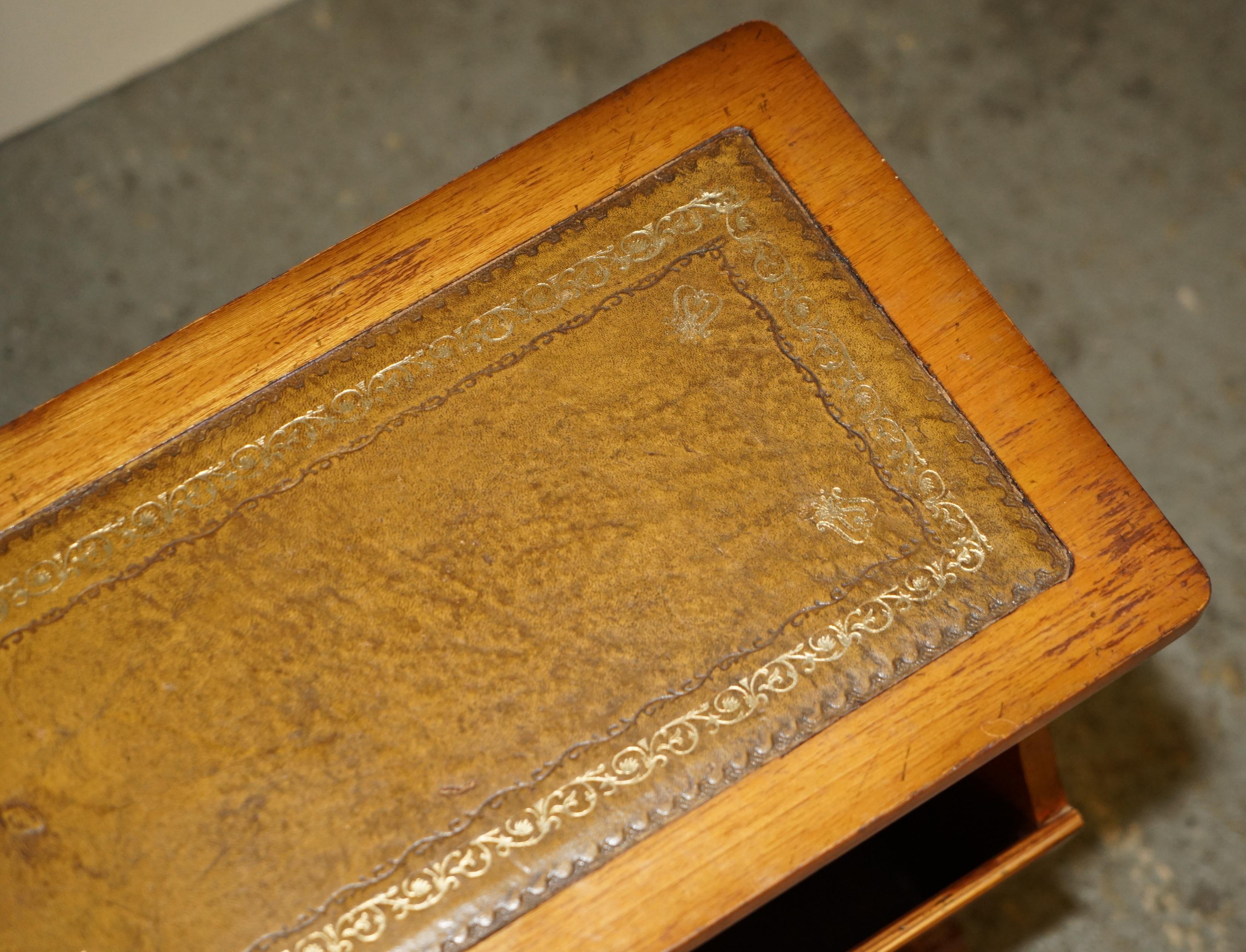 Hand-Crafted VINTAGE BURR YEW WOOD BROWN LEATHER MAGAZINE RACK SiDE END LAMP WINE TABLE For Sale