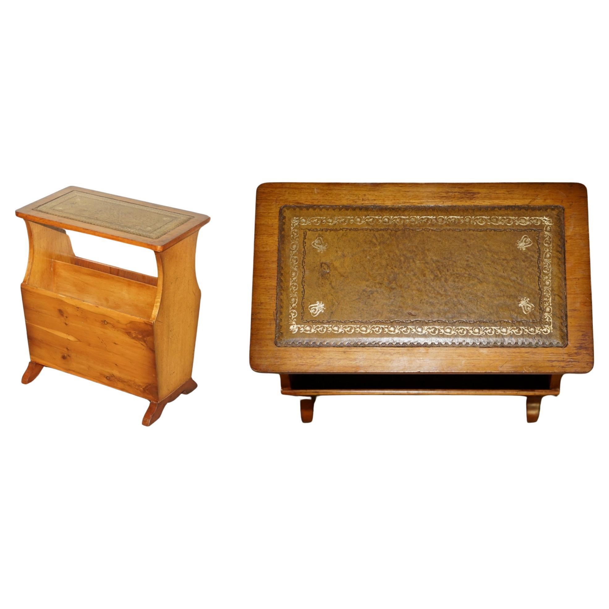 VINTAGE BURR YEW WOOD BROWN LEATHER MAGAZINE RACK SiDE END LAMP WINE TABLE