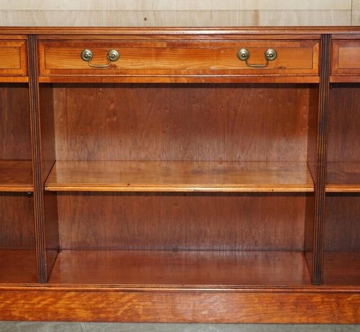Vintage Burr Yew Wood Dwarf Open Bookcase or Sideboard three Large Drawers For Sale 4