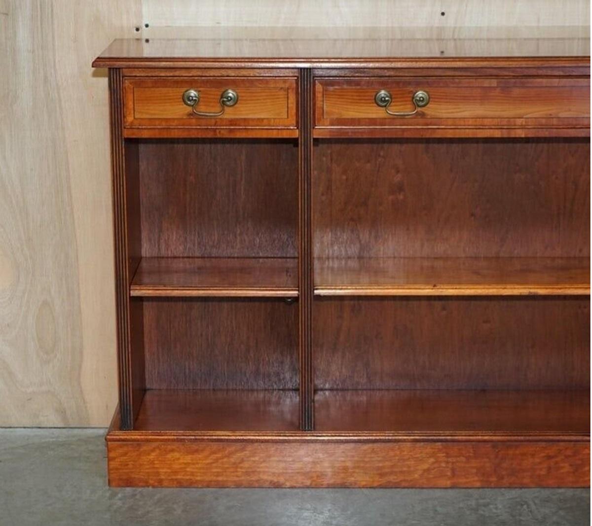 Vintage Burr Yew Wood Dwarf Open Bookcase or Sideboard three Large Drawers For Sale 8