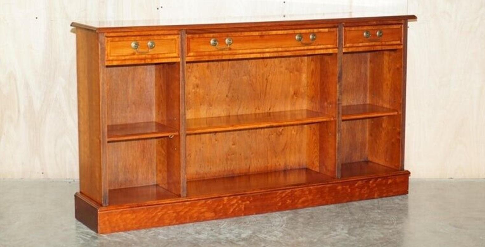 Art Deco Vintage Burr Yew Wood Dwarf Open Bookcase or Sideboard three Large Drawers For Sale