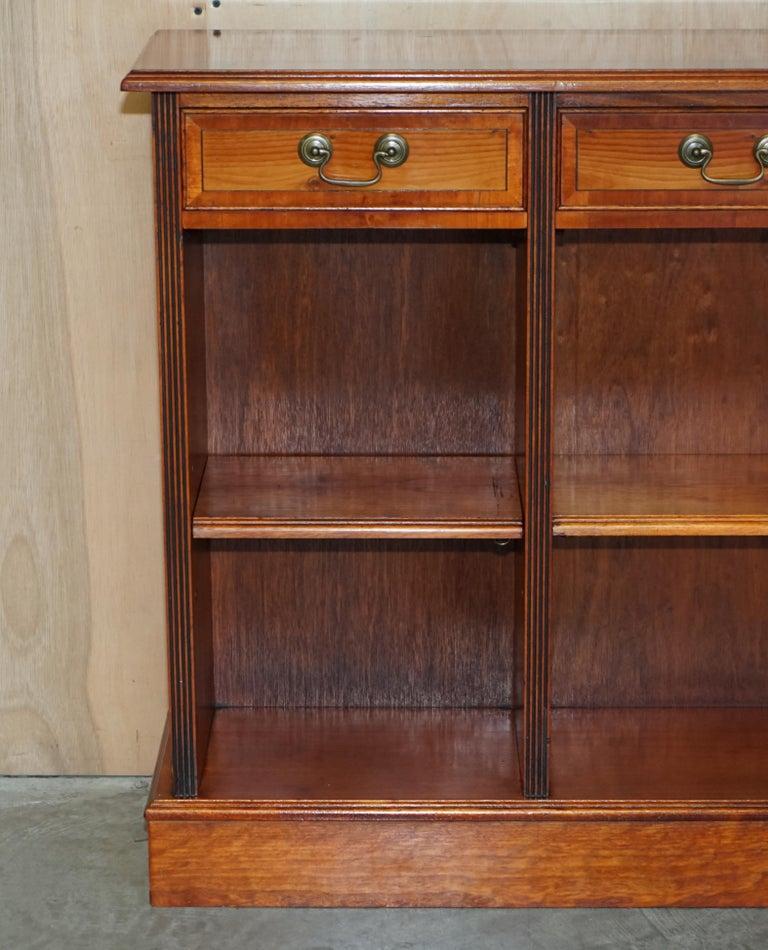 English Vintage Burr Yew Wood Dwarf Open Bookcase or Sideboard three Large Drawers For Sale