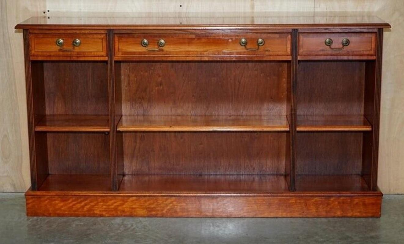 Hand-Crafted Vintage Burr Yew Wood Dwarf Open Bookcase or Sideboard three Large Drawers For Sale