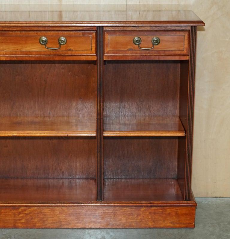 20th Century Vintage Burr Yew Wood Dwarf Open Bookcase or Sideboard three Large Drawers For Sale
