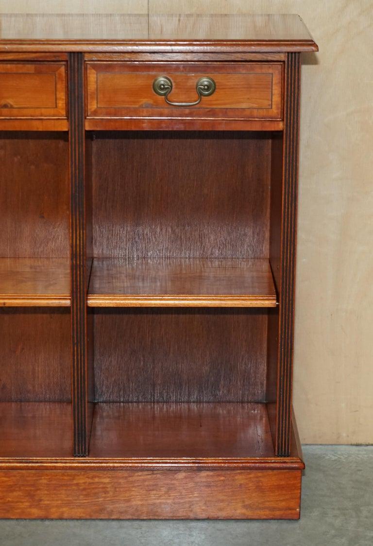 Vintage Burr Yew Wood Dwarf Open Bookcase or Sideboard three Large Drawers For Sale 1