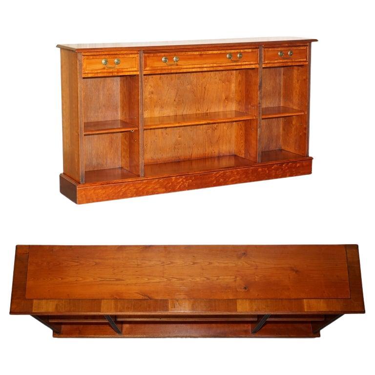 Vintage Burr Yew Wood Dwarf Open Bookcase or Sideboard three Large Drawers For Sale