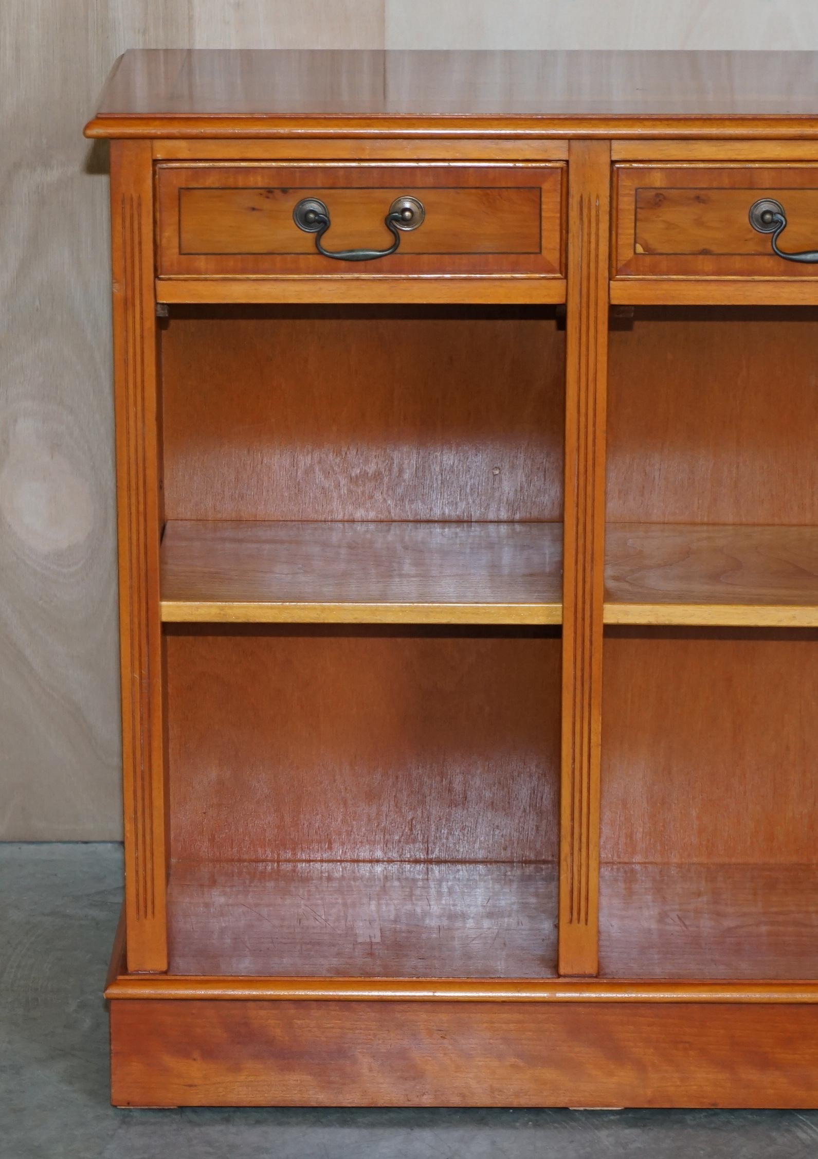 Victorian Vintage Burr Yew Wood Dwarf Open Bookcase / Sideboard with Three Large Drawers For Sale