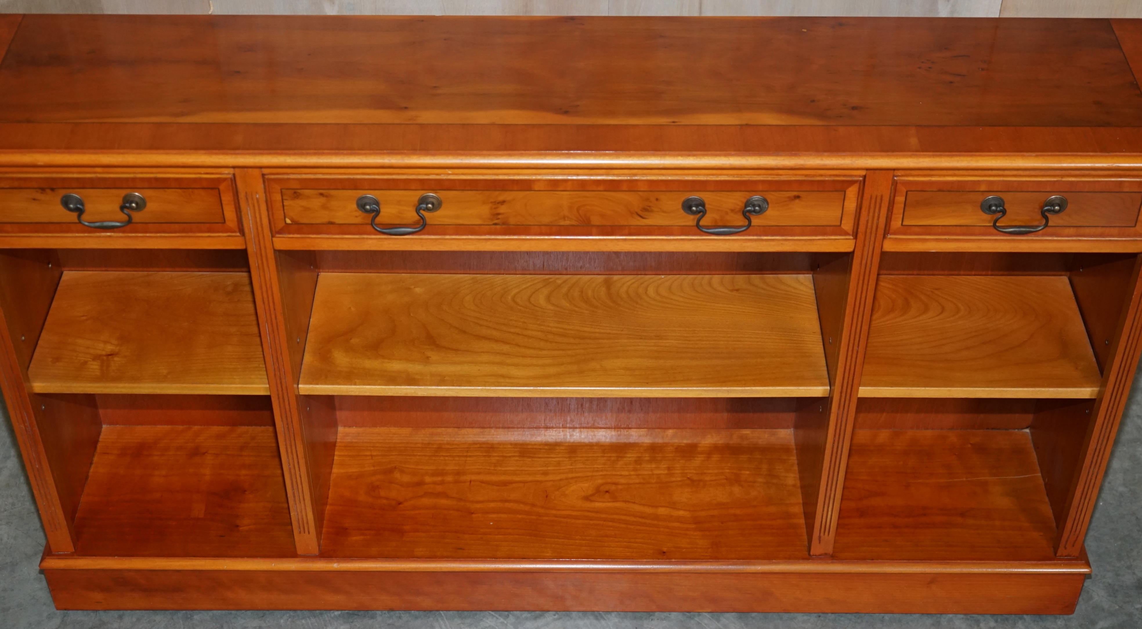 20th Century Vintage Burr Yew Wood Dwarf Open Bookcase / Sideboard with Three Large Drawers For Sale