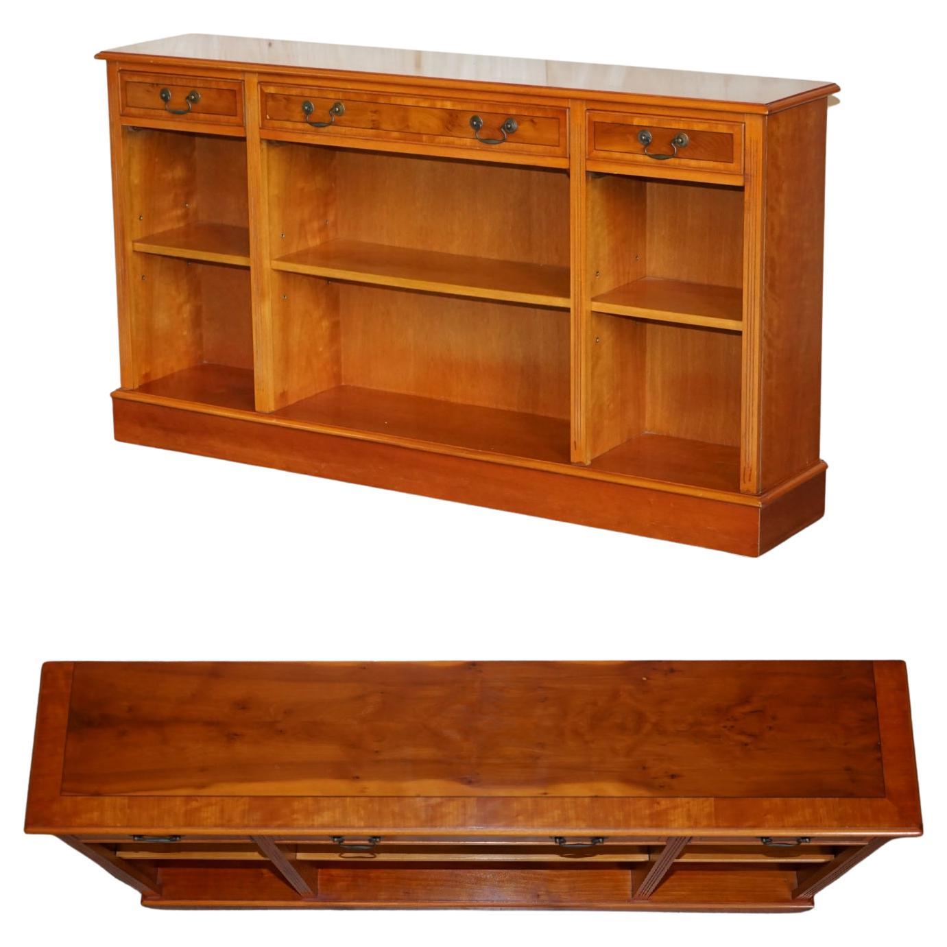 Vintage Burr Yew Wood Dwarf Open Bookcase / Sideboard with Three Large Drawers For Sale