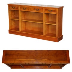 Vintage Burr Yew Wood Dwarf Open Bookcase / Sideboard with Three Large Drawers