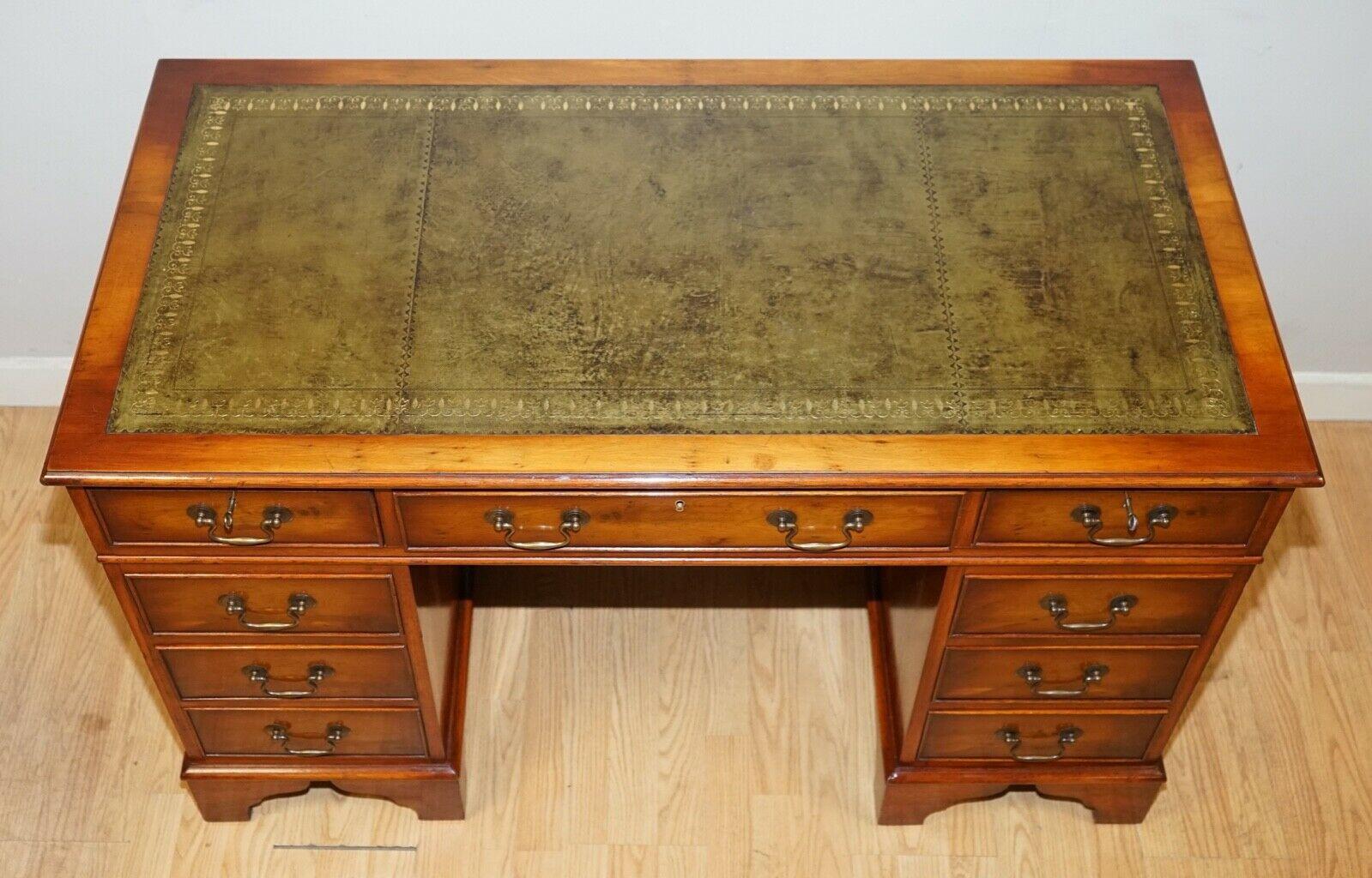 Vintage Burr Yew Wood Green Leather Top Embossed Pedestal Desk with Locks 3