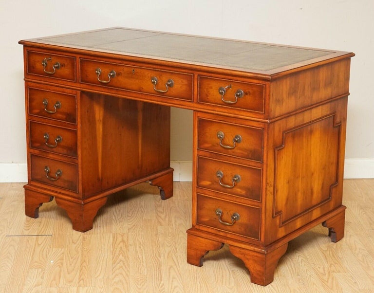 Vintage Burr Yew Wood Green Leather Top Embossed Pedestal Desk with