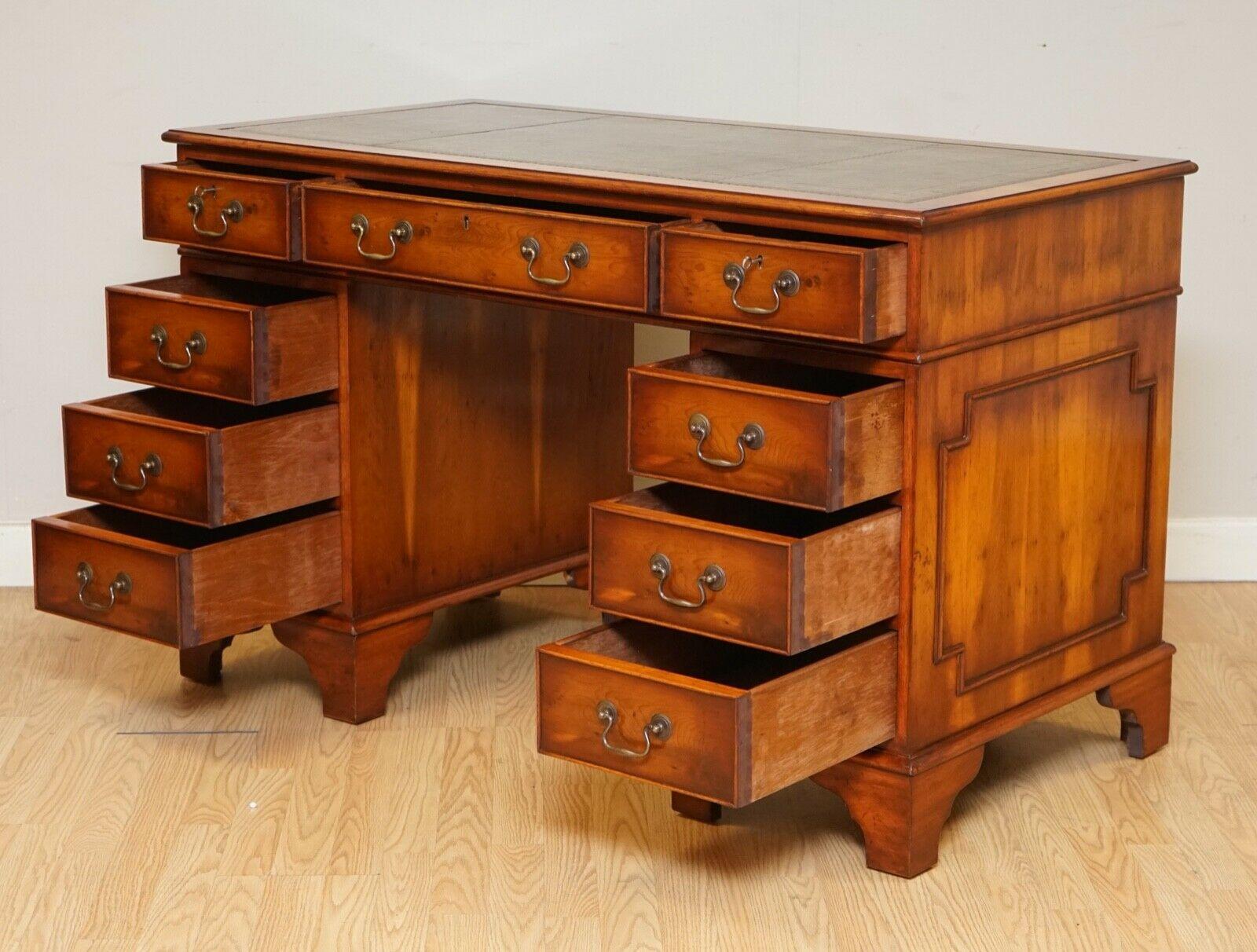 British Vintage Burr Yew Wood Green Leather Top Embossed Pedestal Desk with Locks