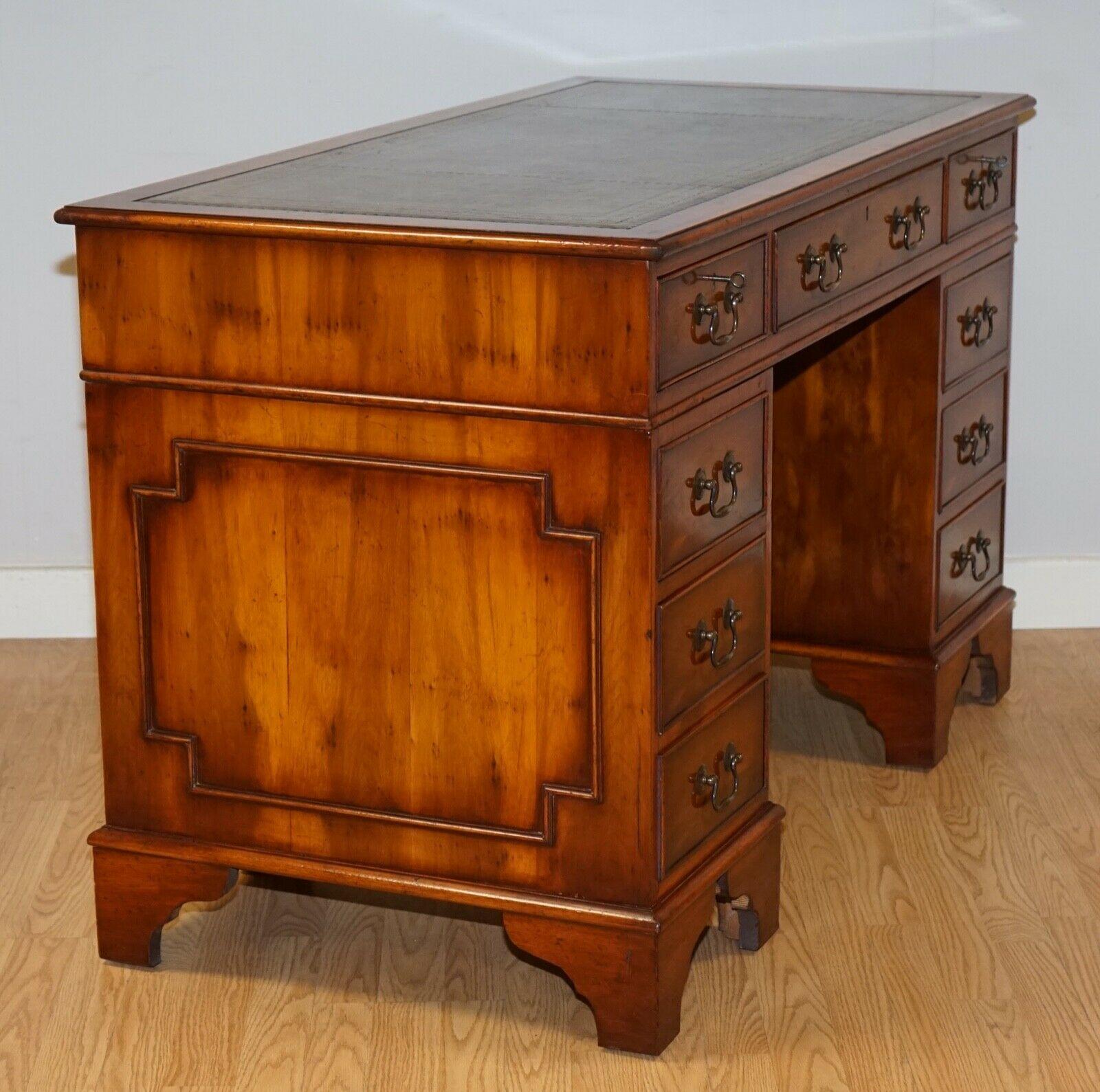20th Century Vintage Burr Yew Wood Green Leather Top Embossed Pedestal Desk with Locks