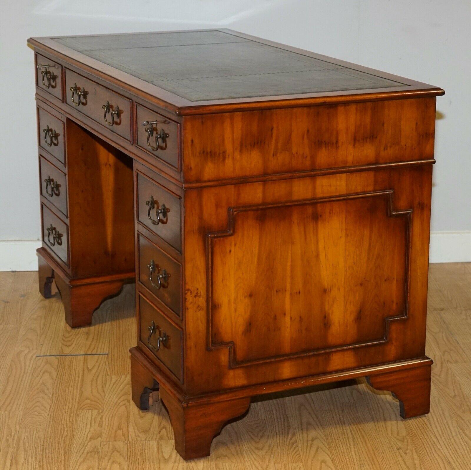 Vintage Burr Yew Wood Green Leather Top Embossed Pedestal Desk with Locks 1