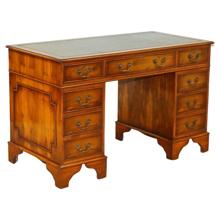 Vintage Burr Yew Wood Green Leather Top Embossed Pedestal Desk With Locks For At 1stdibs Vintage Burr Yew Wood Green Leather Top, Vintage Wooden Desk With Leather Top