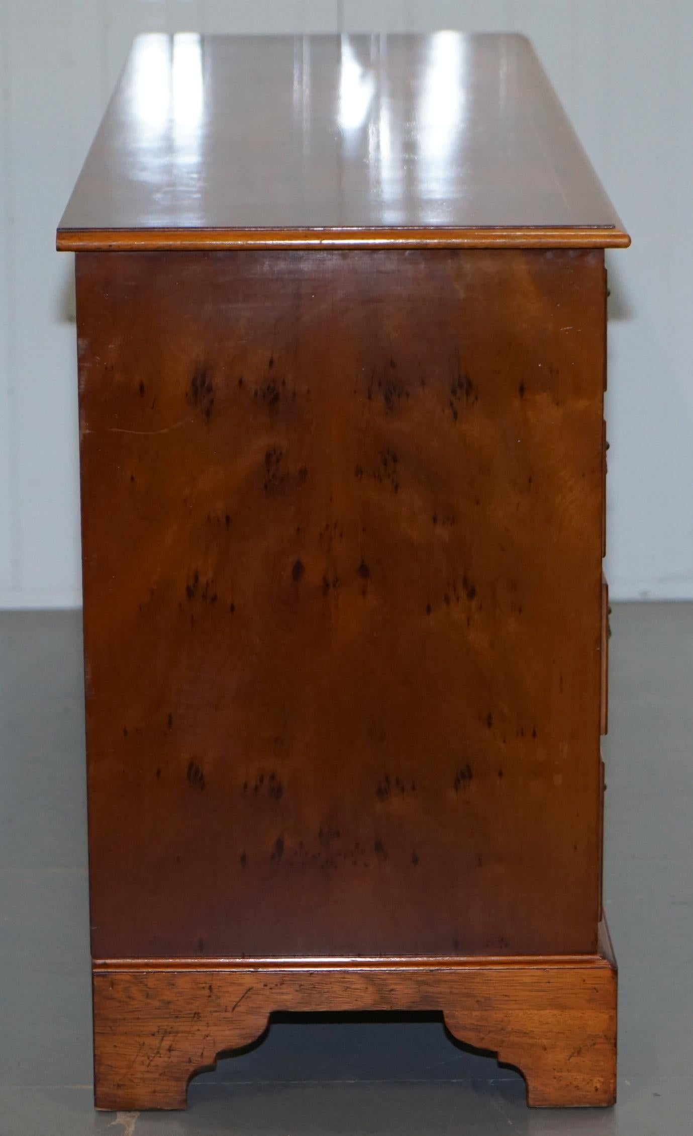 Vintage Burr Yew Wood Large Sideboard Bank of Drawers Campaign Style, England 4