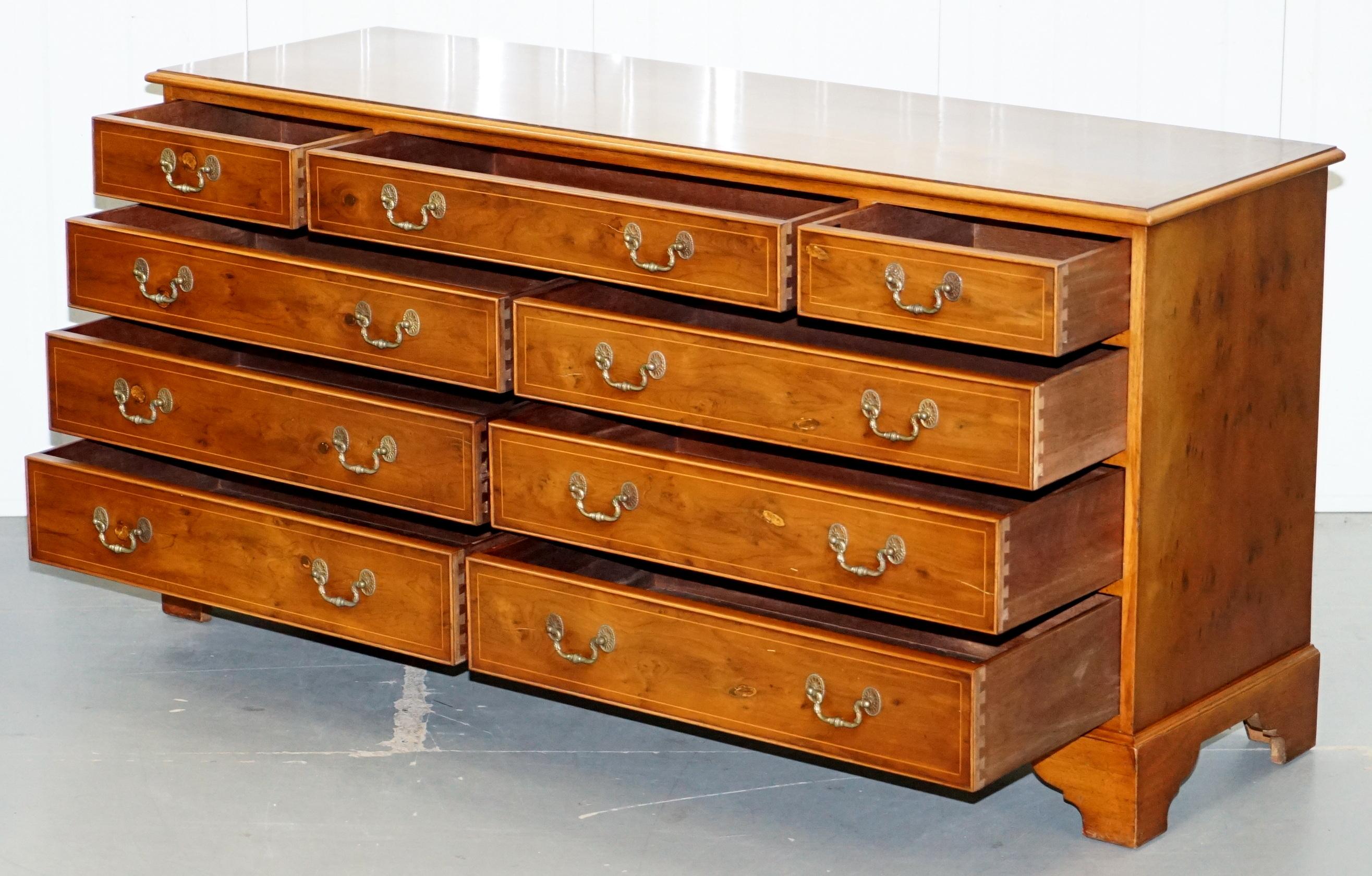 Vintage Burr Yew Wood Large Sideboard Bank of Drawers Campaign Style, England 8