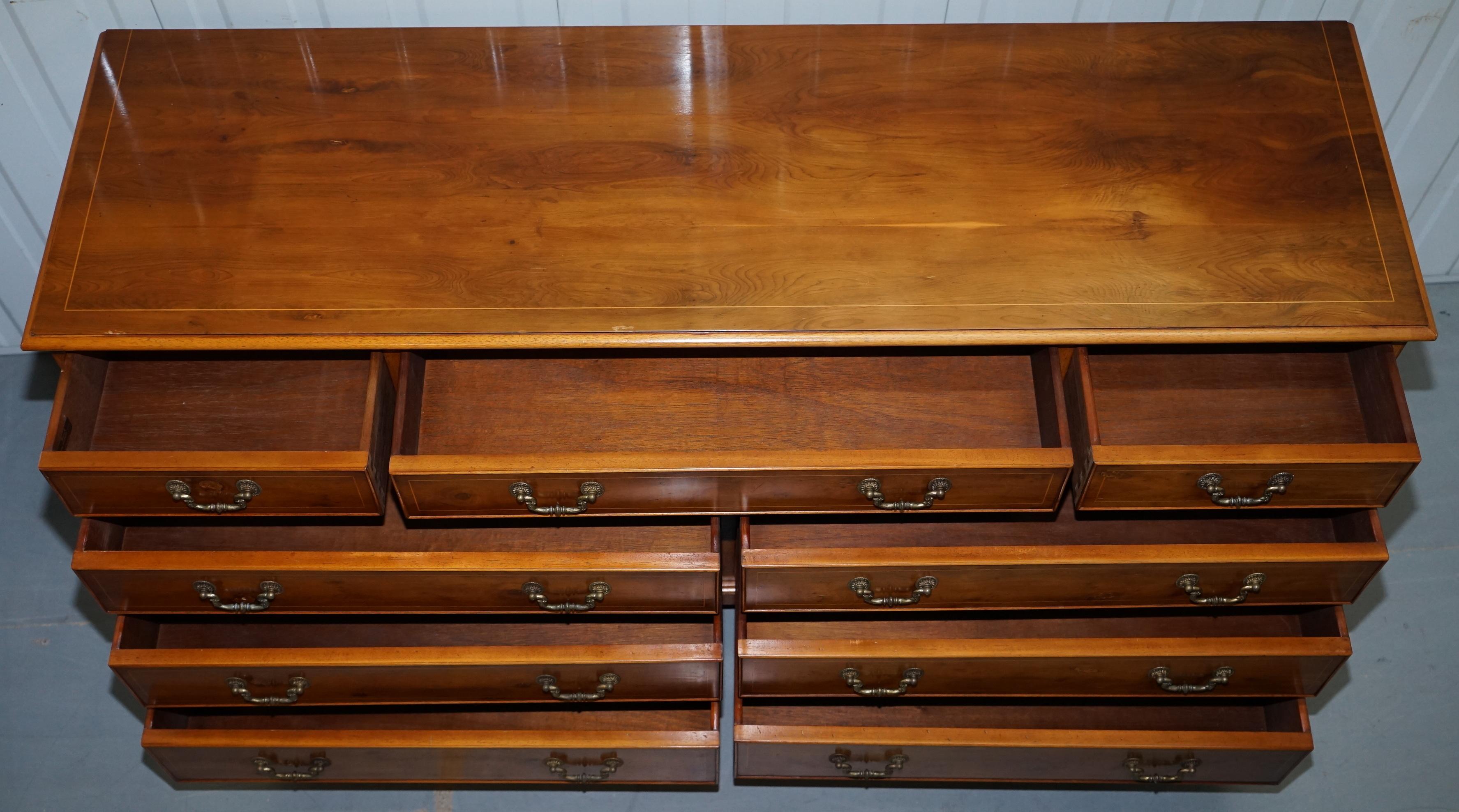 Vintage Burr Yew Wood Large Sideboard Bank of Drawers Campaign Style, England 11