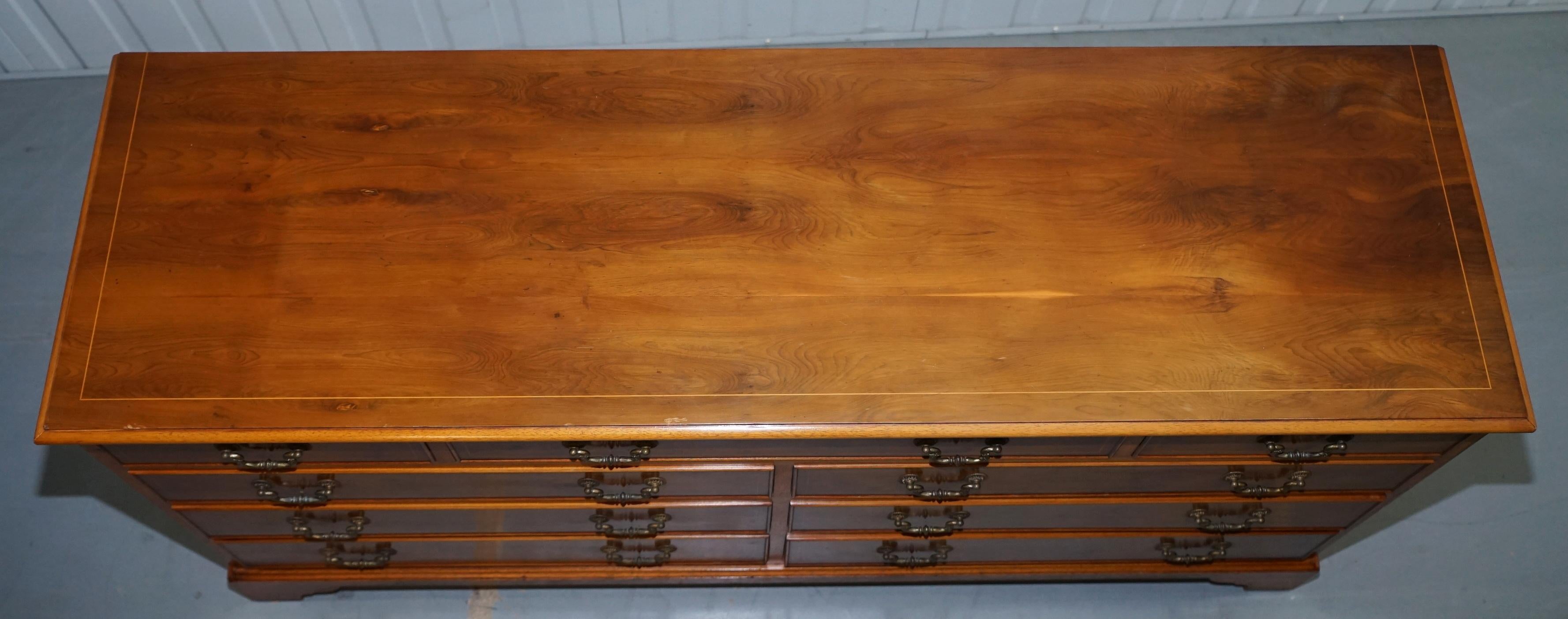 Modern Vintage Burr Yew Wood Large Sideboard Bank of Drawers Campaign Style, England