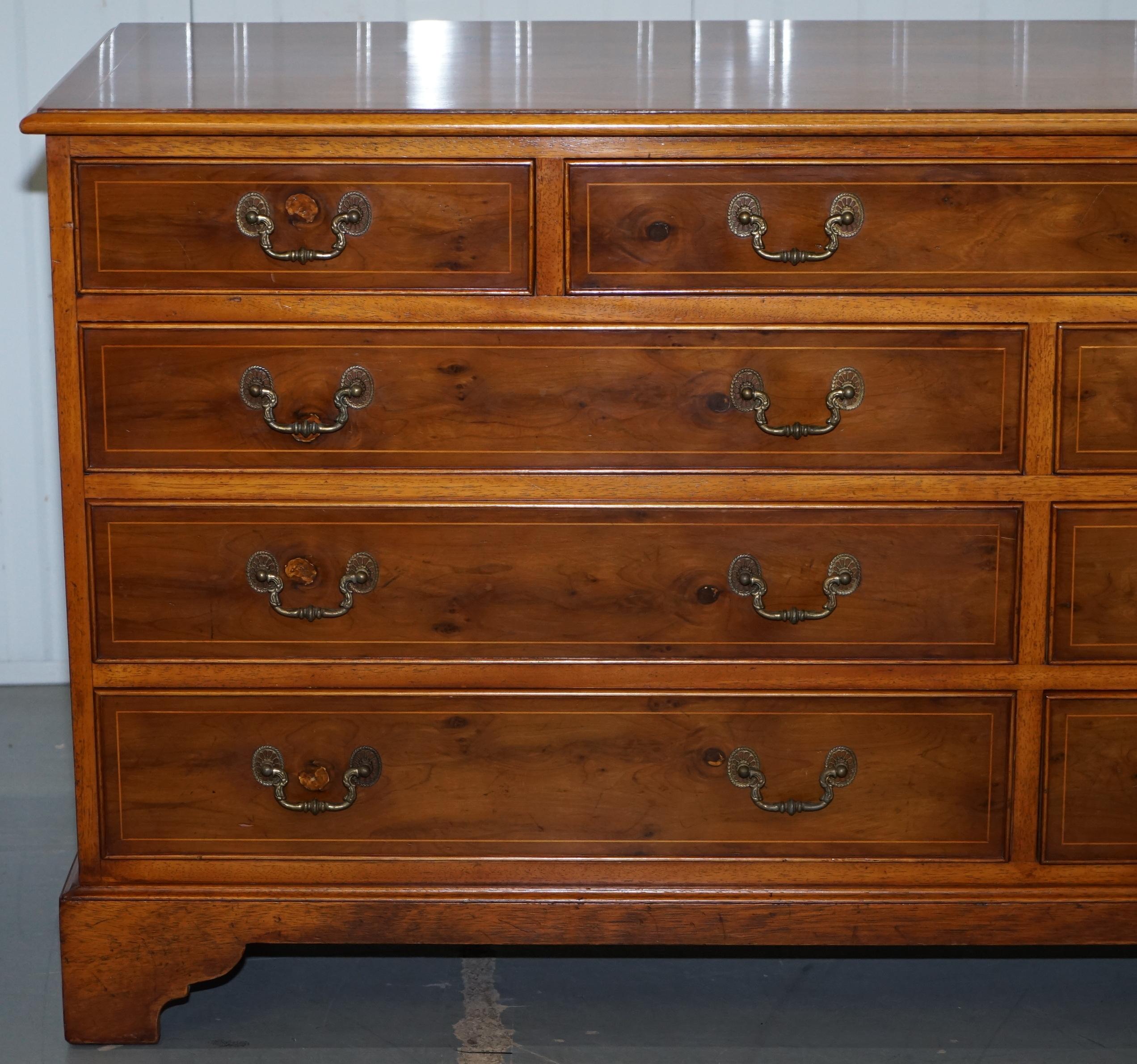 Contemporary Vintage Burr Yew Wood Large Sideboard Bank of Drawers Campaign Style, England