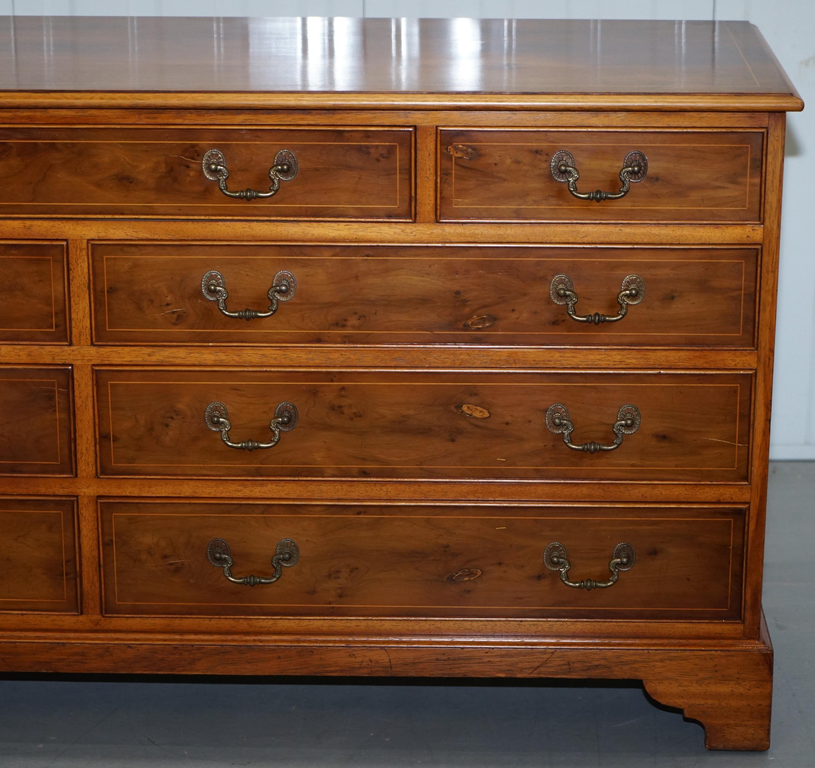 Vintage Burr Yew Wood Large Sideboard Bank of Drawers Campaign Style, England 1