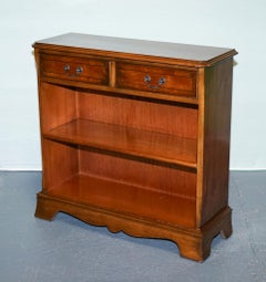 ViNTAGE BURR YEW WOOD OPEN DWARF LIBRARY BOOKCASE WITH TWO DRAWERS