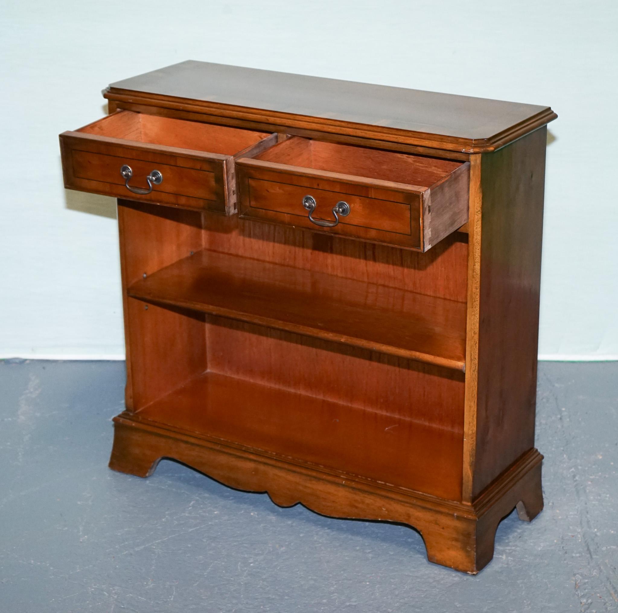 British ViNTAGE BURR YEW WOOD OPEN DWARF LIBRARY BOOKCASE WITH TWO DRAWERS For Sale