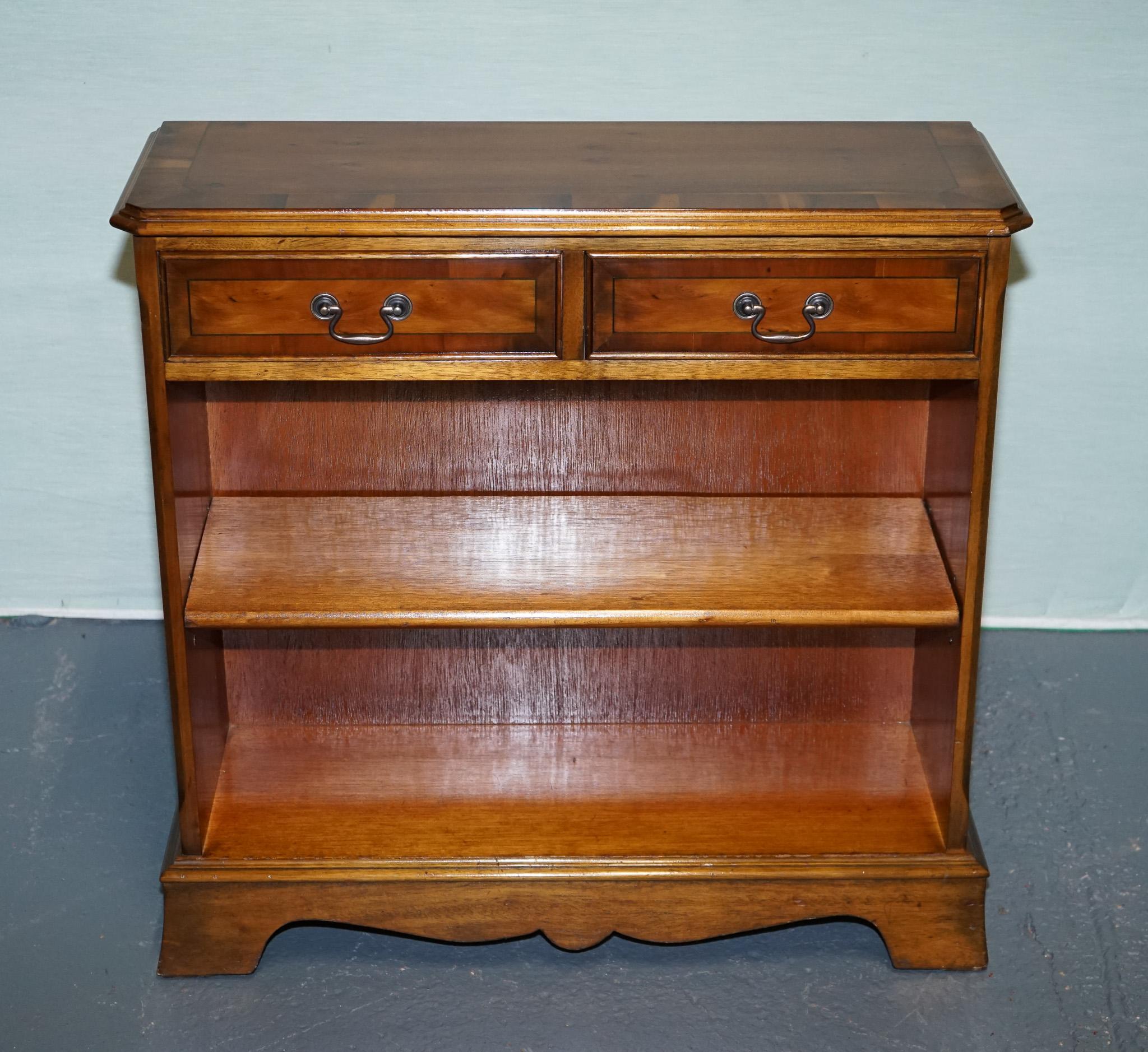 Hand-Crafted ViNTAGE BURR YEW WOOD OPEN DWARF LIBRARY BOOKCASE WITH TWO DRAWERS For Sale