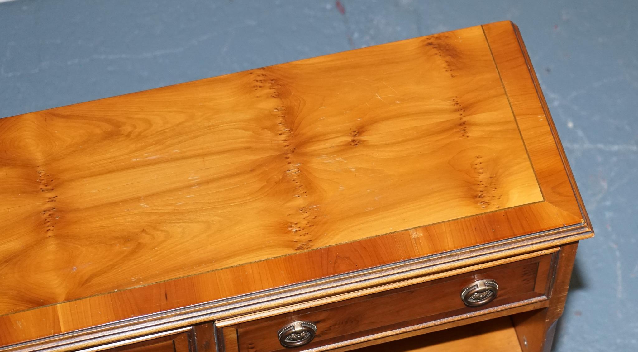 20th Century ViNTAGE BURR YEW WOOD OPEN DWARF LIBRARY BOOKCASE WITH TWO DRAWERS For Sale
