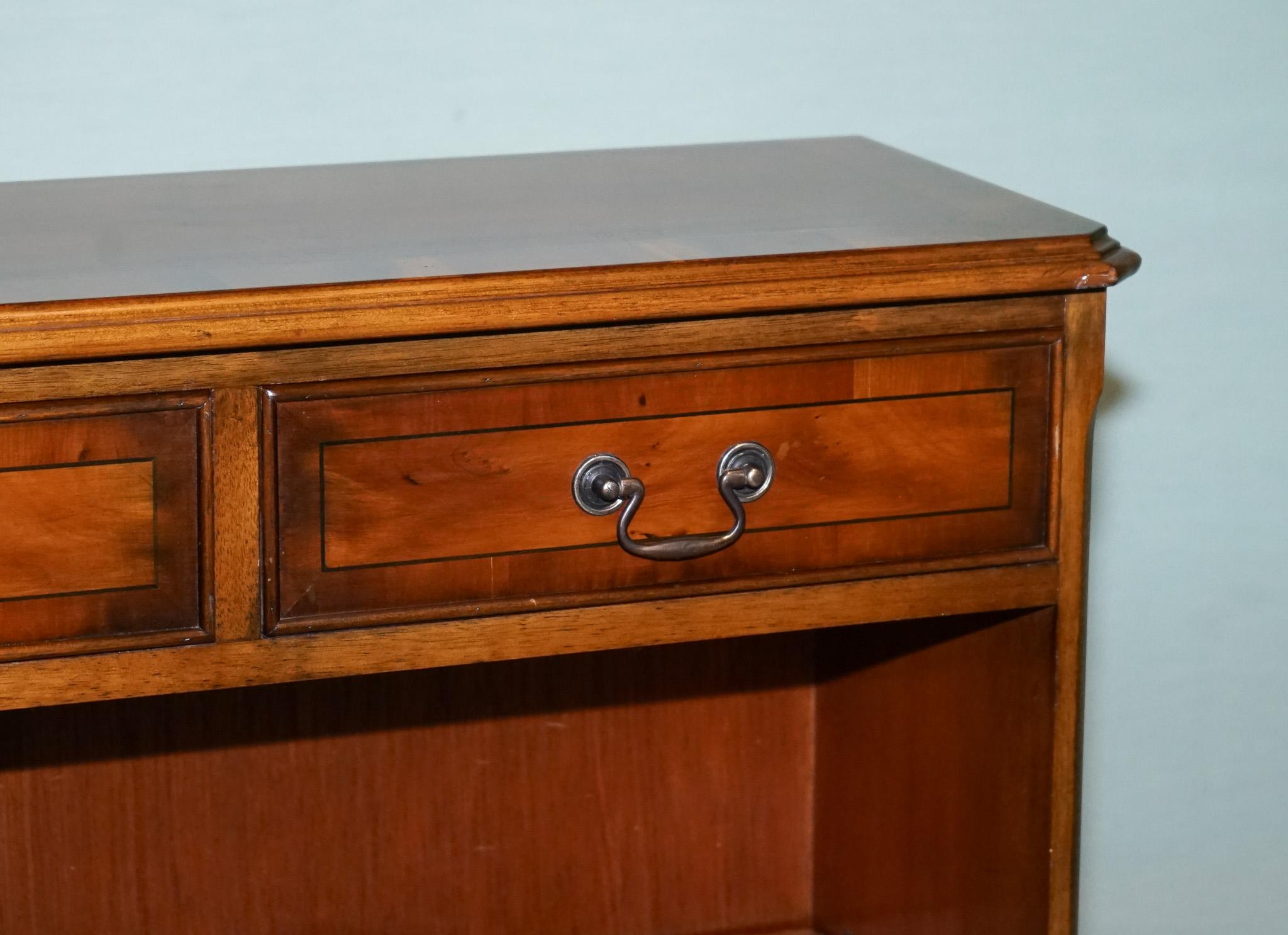20th Century ViNTAGE BURR YEW WOOD OPEN DWARF LIBRARY BOOKCASE WITH TWO DRAWERS For Sale
