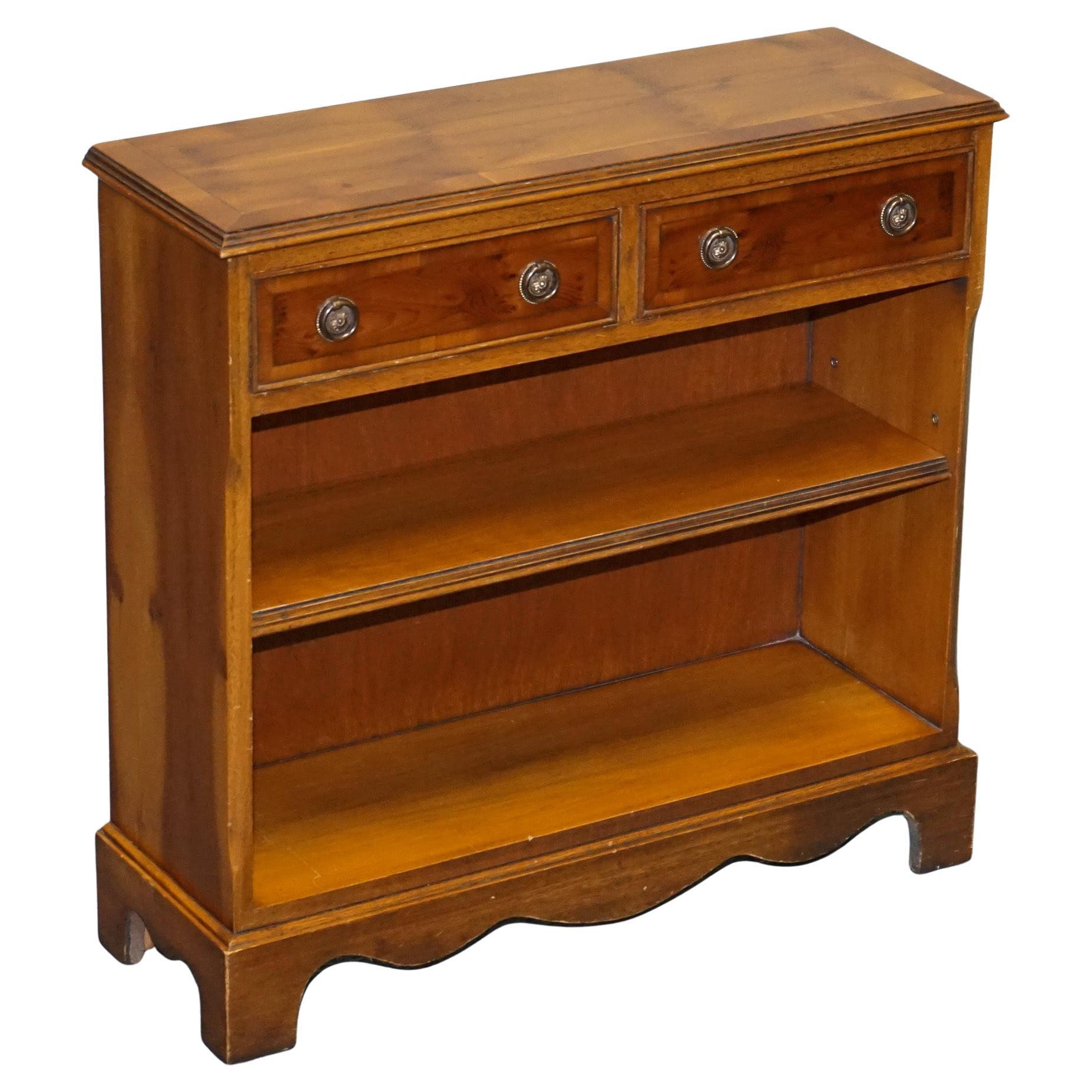 ViNTAGE BURR YEW WOOD OPEN DWARF LIBRARY BOOKCASE WITH TWO DRAWERS