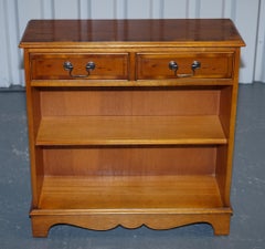VINTAGE BURR YEW WOOD OPEN DWARF LIBRARY BOOKCASE WiTH TWO DRAWERS & SHELF