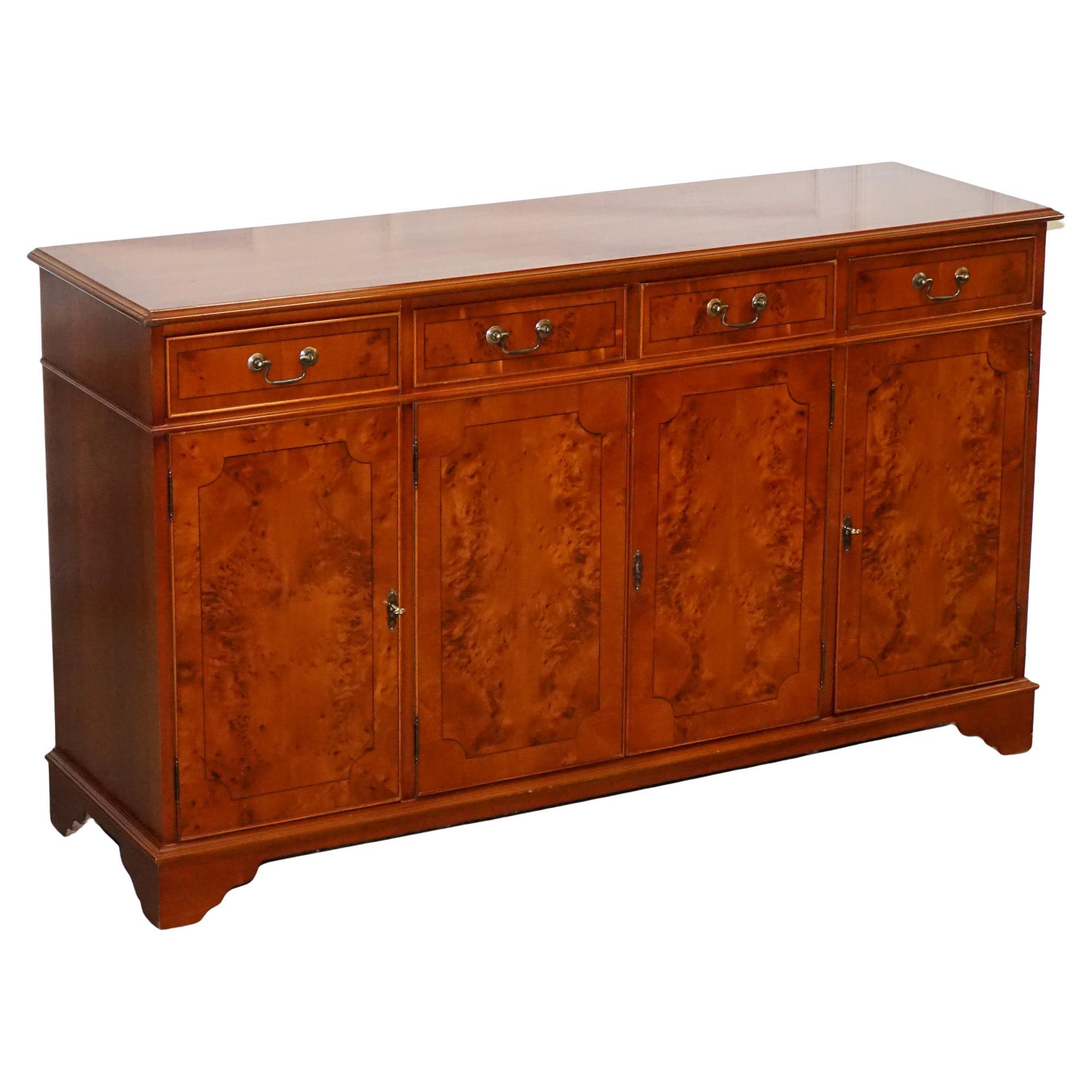 VINTAGE BURR YEW WOOD SIDEBOARD WiTH FOUR CUPBOARDS & DRAWERS