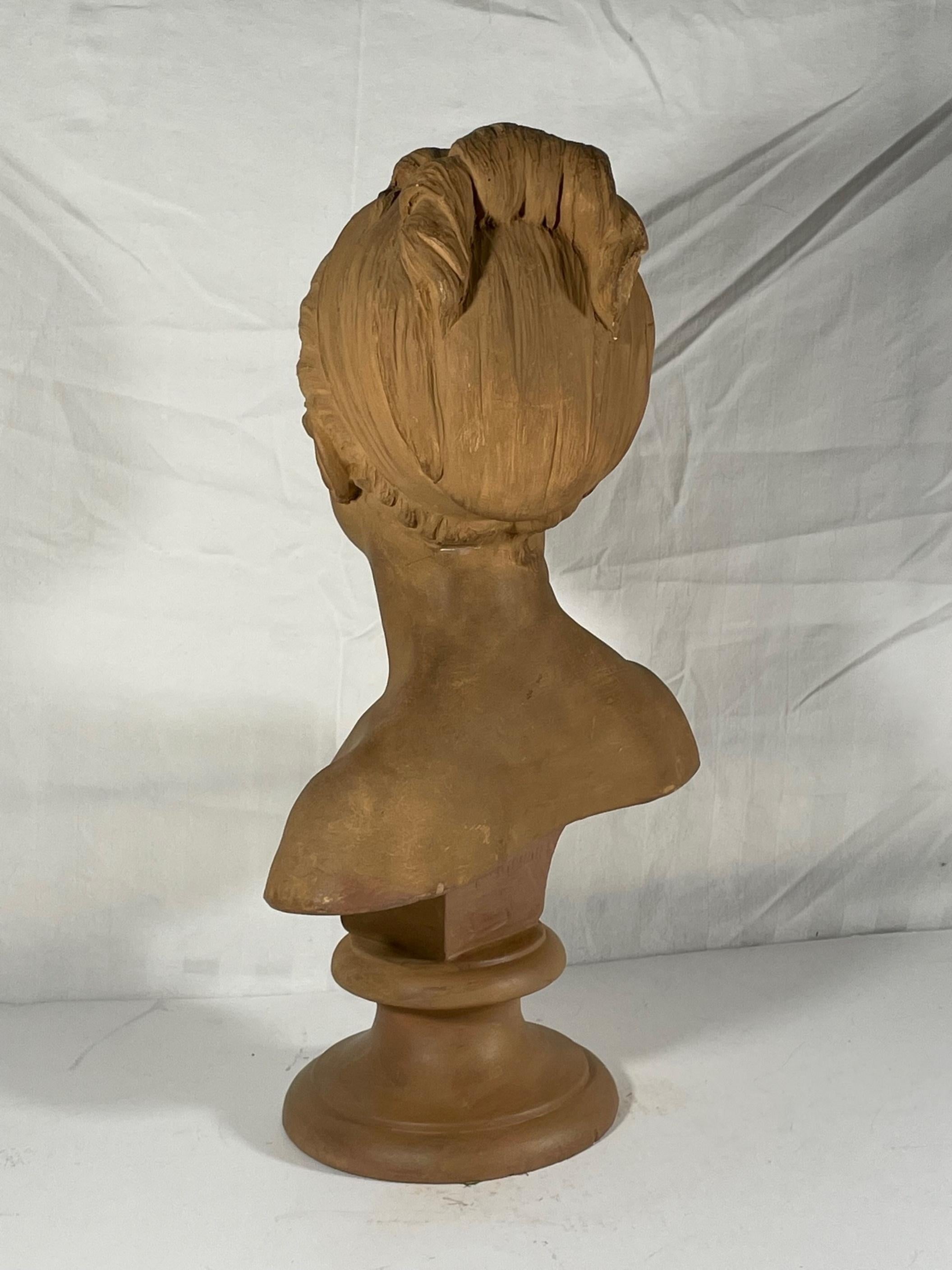 Rococo Buste de jeune fille en plâtre de couleur terre cuite, sculpture de Jean-Antoine Houdon.
