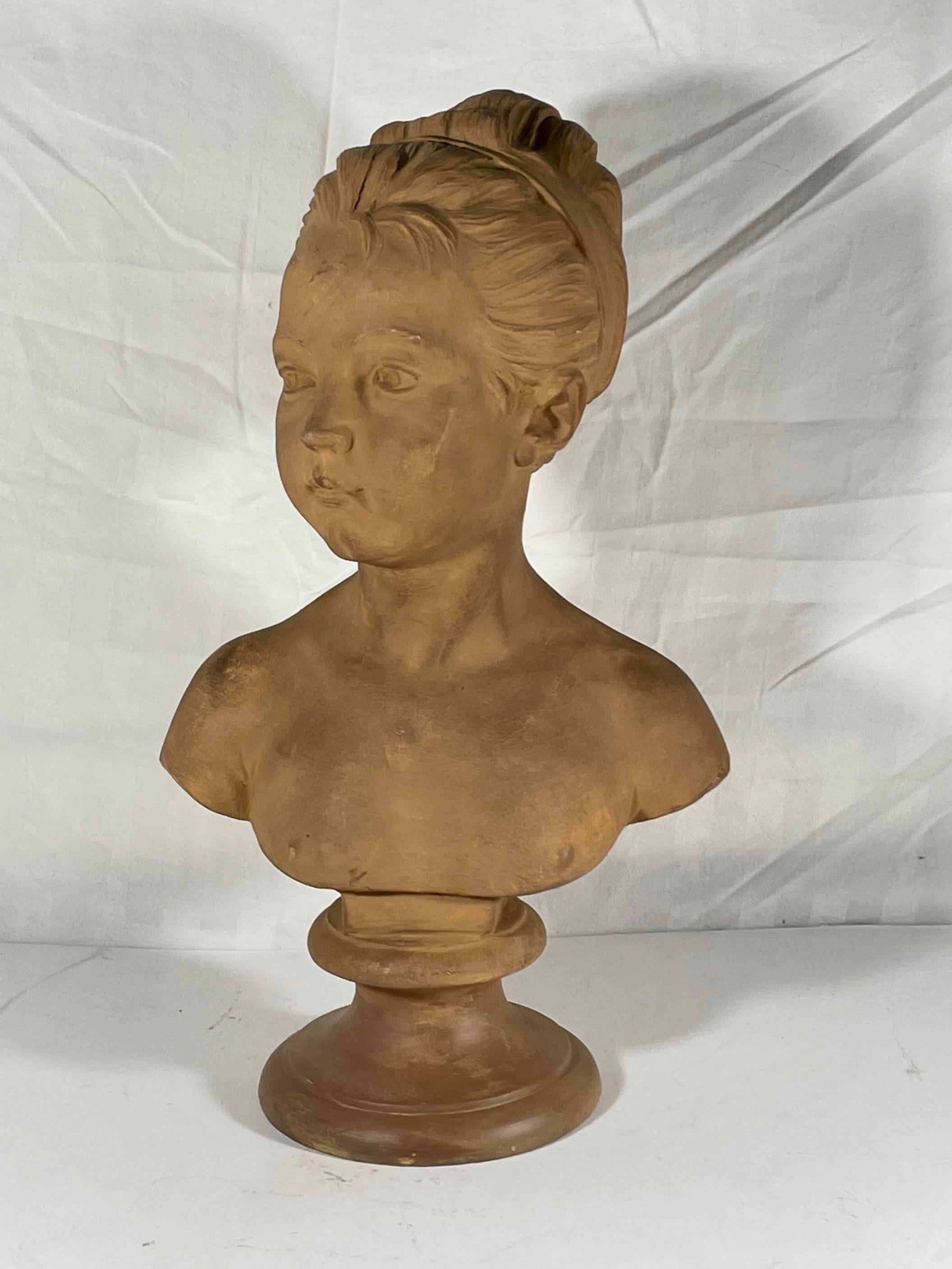Moulage Buste de jeune fille en plâtre de couleur terre cuite, sculpture de Jean-Antoine Houdon.