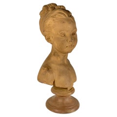 Bust of Young Girl Terracotta Toned Plaster Sculpture After Jean-Antoine Houdon.