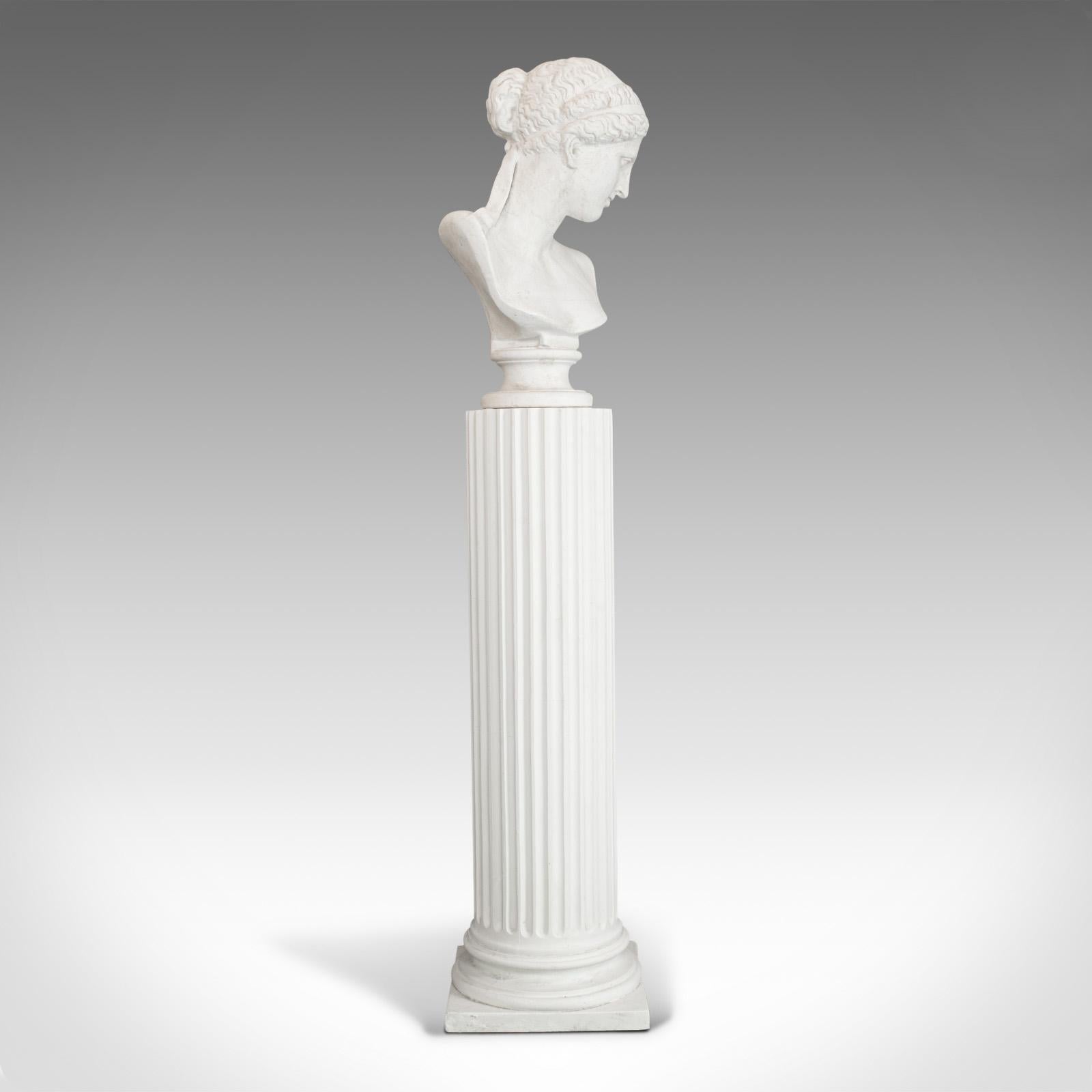 Classical Roman Vintage Bust on Pedestal, English, Plaster, Female Portrait, Doric Column