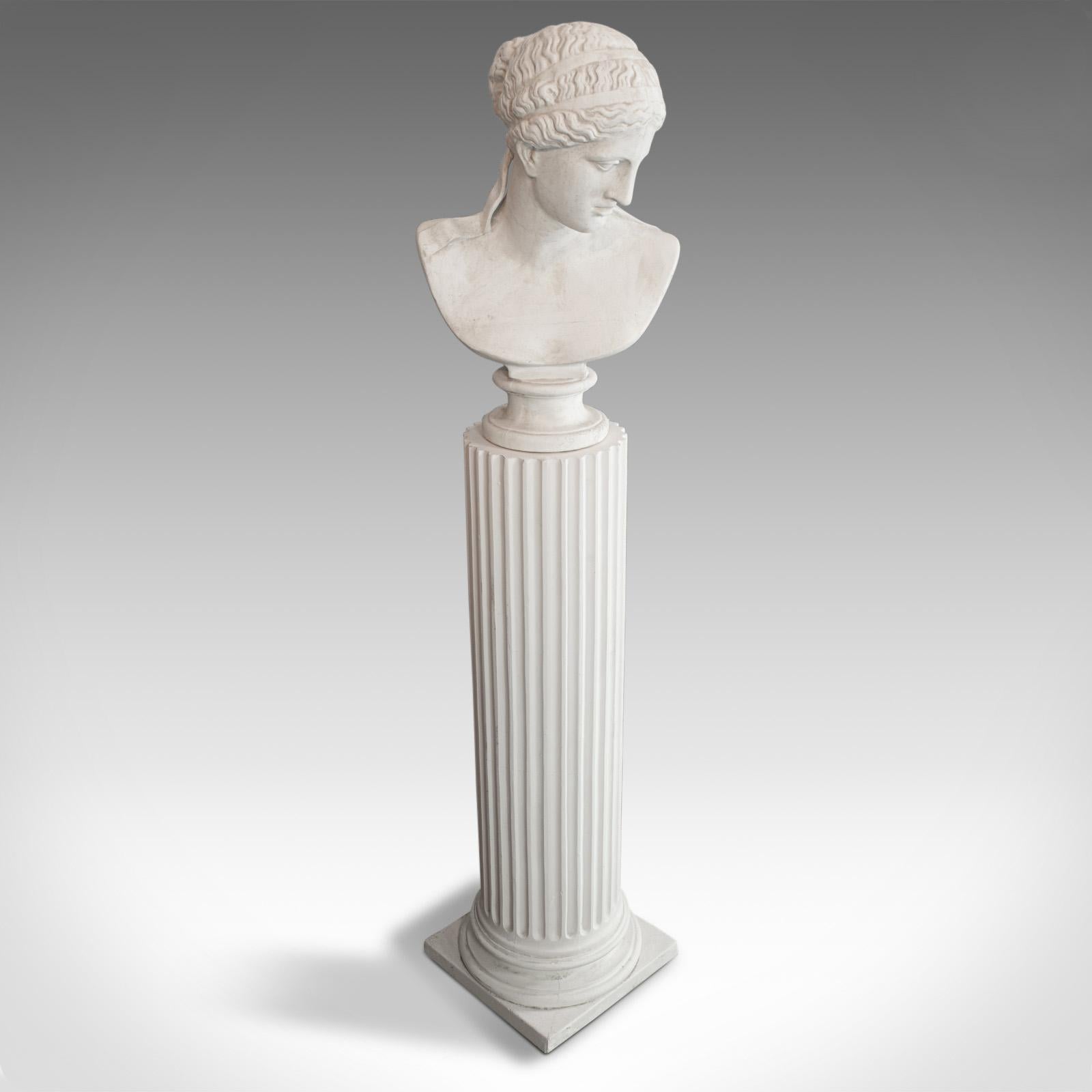20th Century Vintage Bust on Pedestal, English, Plaster, Female Portrait, Doric Column