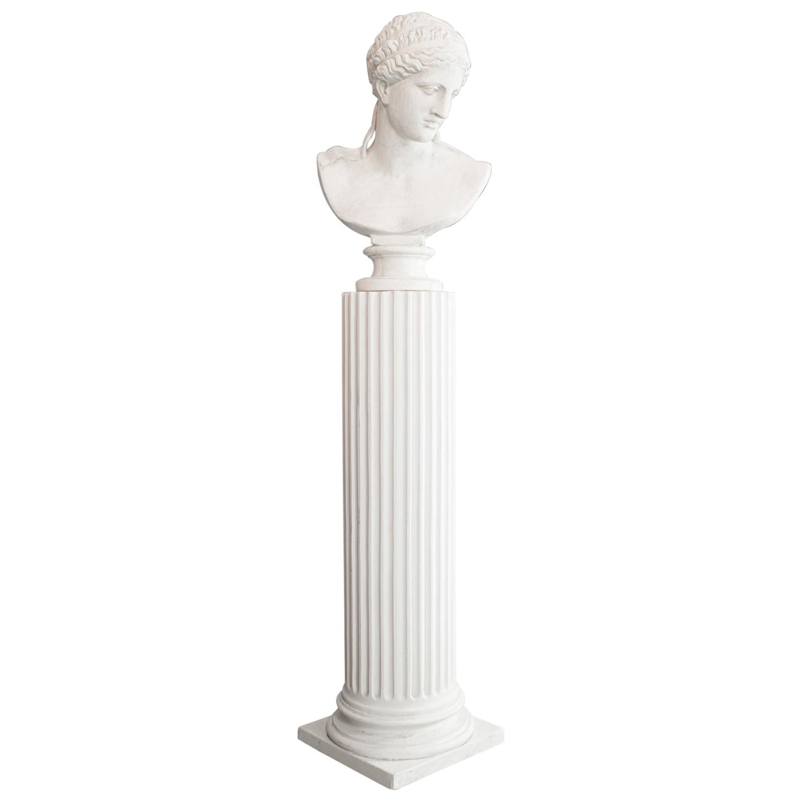 Vintage Bust on Pedestal, English, Plaster, Female Portrait, Doric Column