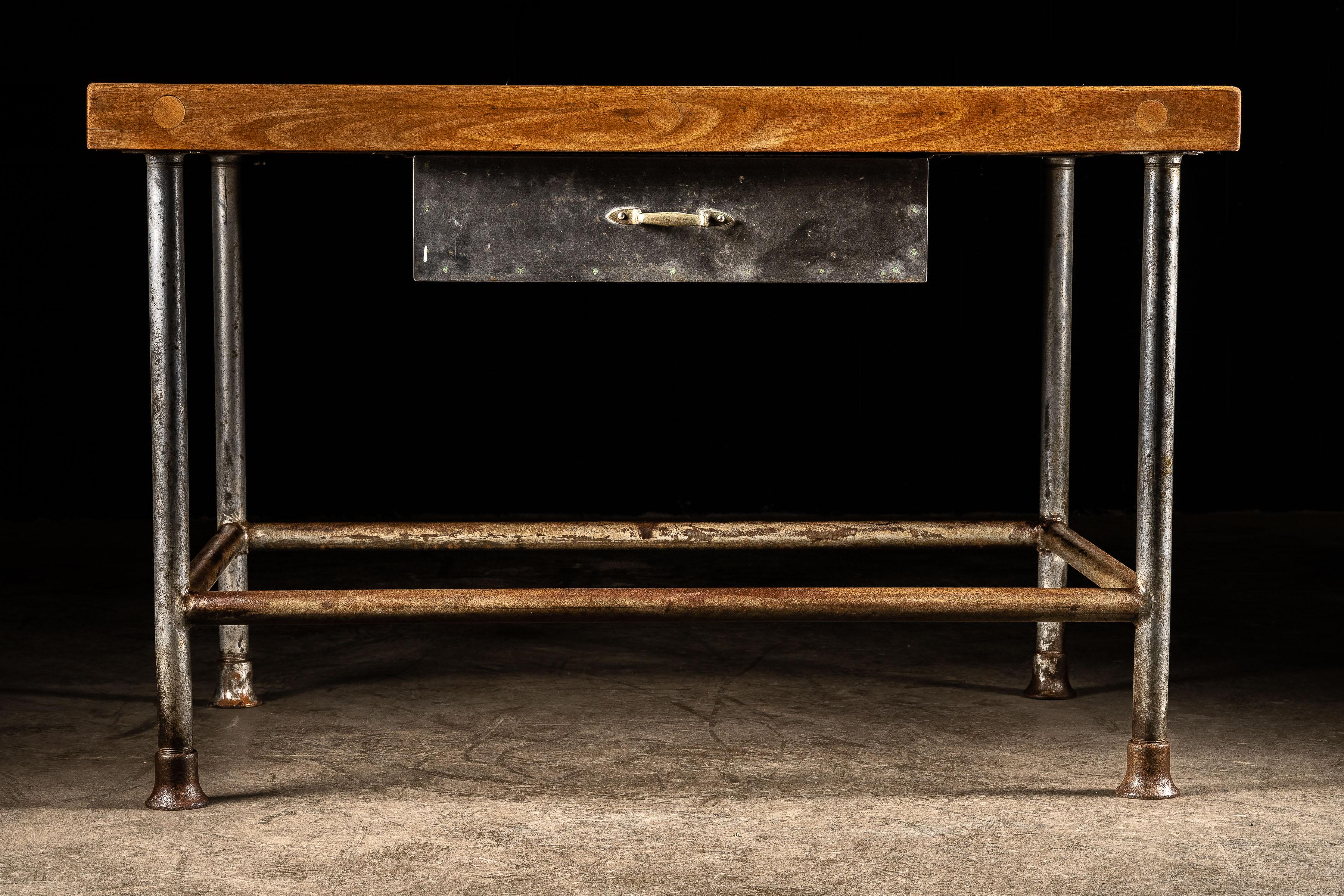 Featuring a solid 3-inch thick hardwood butcher block top, this piece is both visually striking and built to handle years of heavy use. The wood has been carefully cleaned and treated with mineral spirits, enhancing its natural grain and giving it a