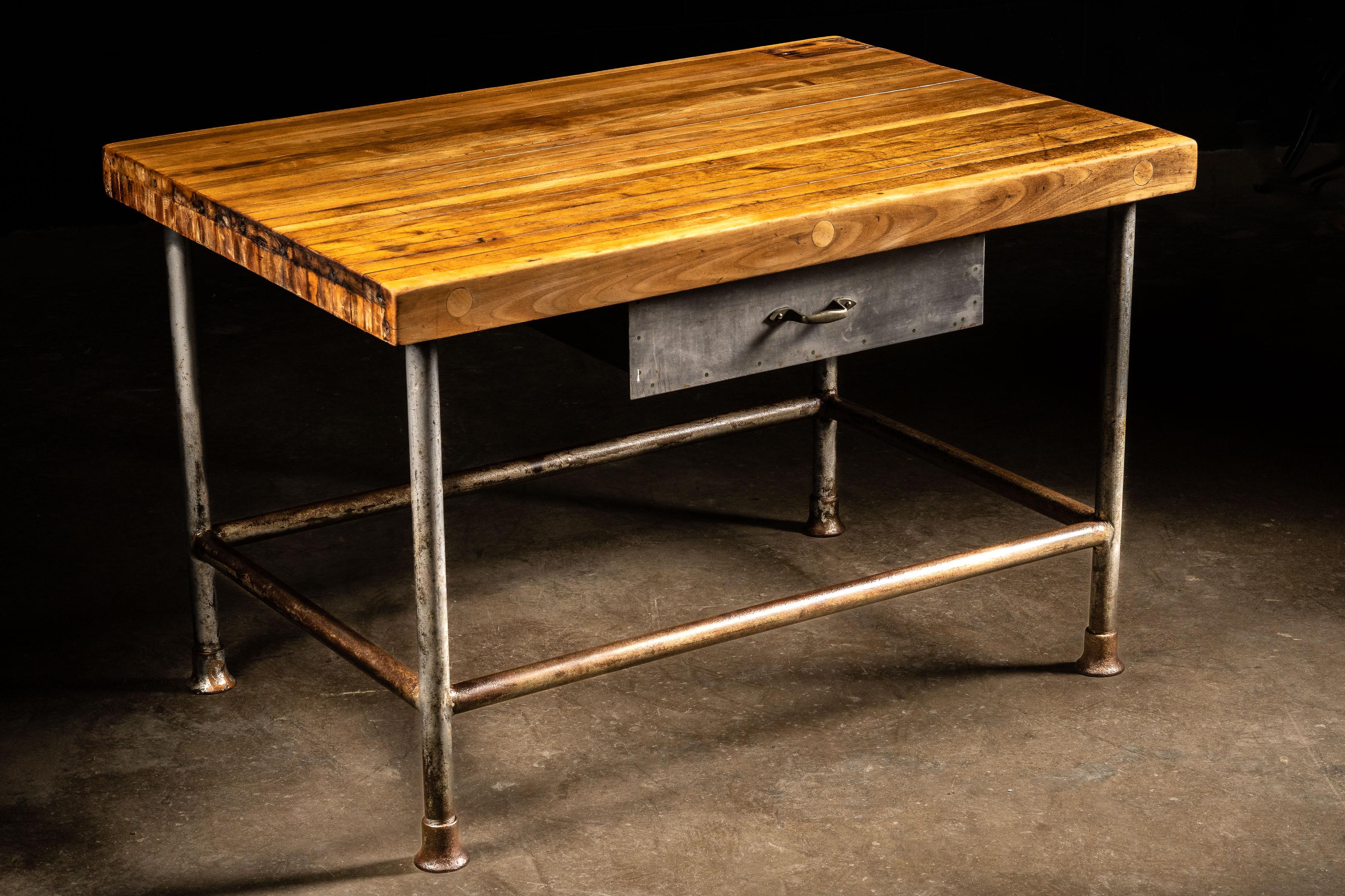 Vintage Butcher Block Table With Large Steel Drawer In Good Condition For Sale In Dekalb, IL