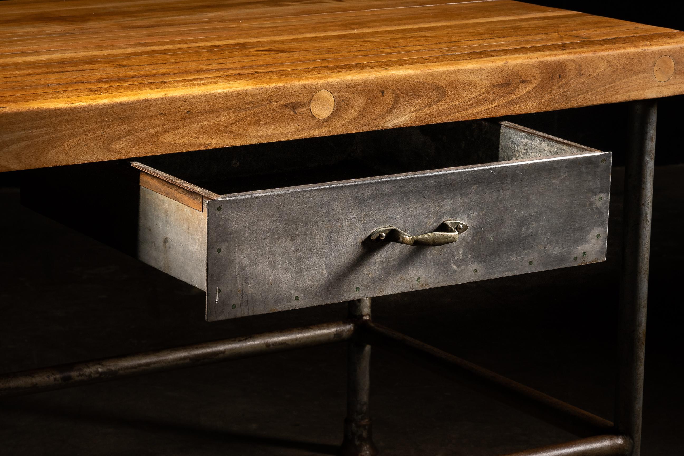 Wood Vintage Butcher Block Table With Large Steel Drawer For Sale